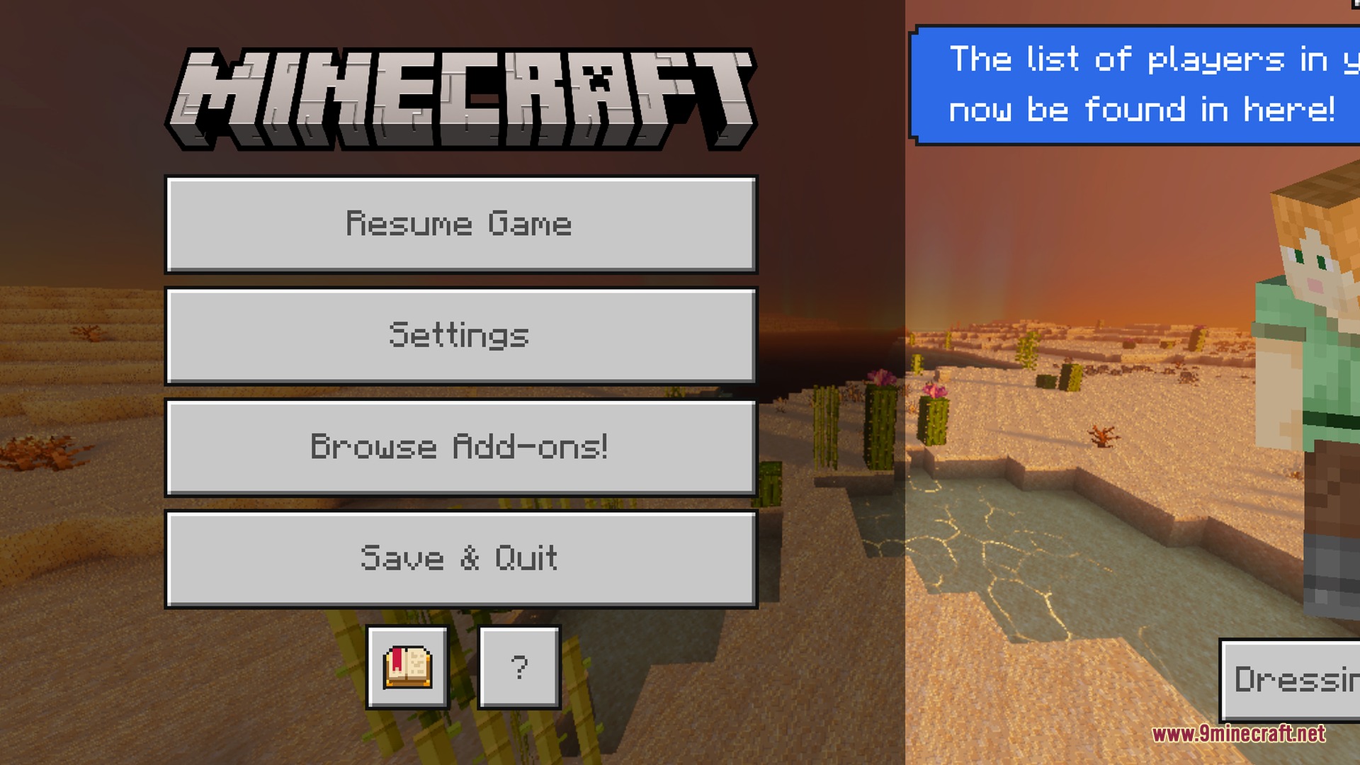 Mike Ultra Visuals Shader Screenshot 9 Minecraft pause menu screen showing buttons over a desert biome at golden hour
