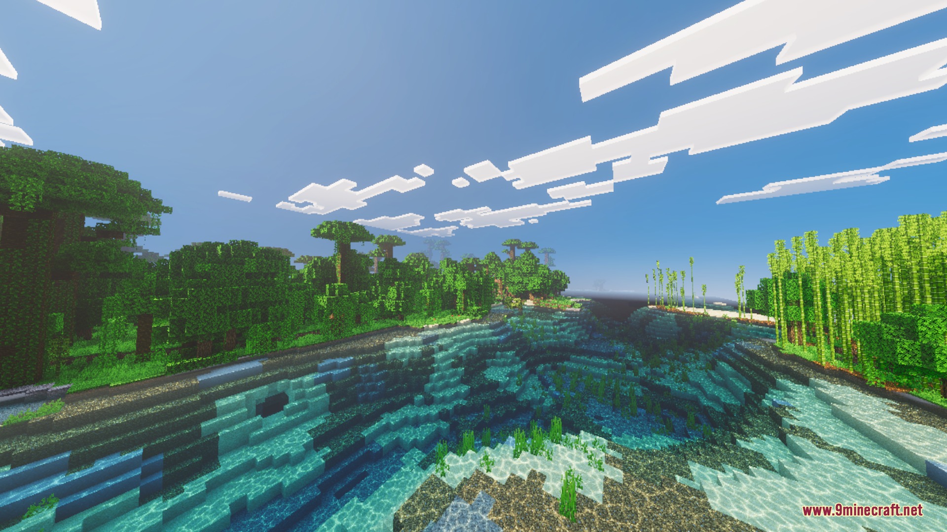 Mike Visuals creates vibrant blue skies over a lush jungle and clear ocean