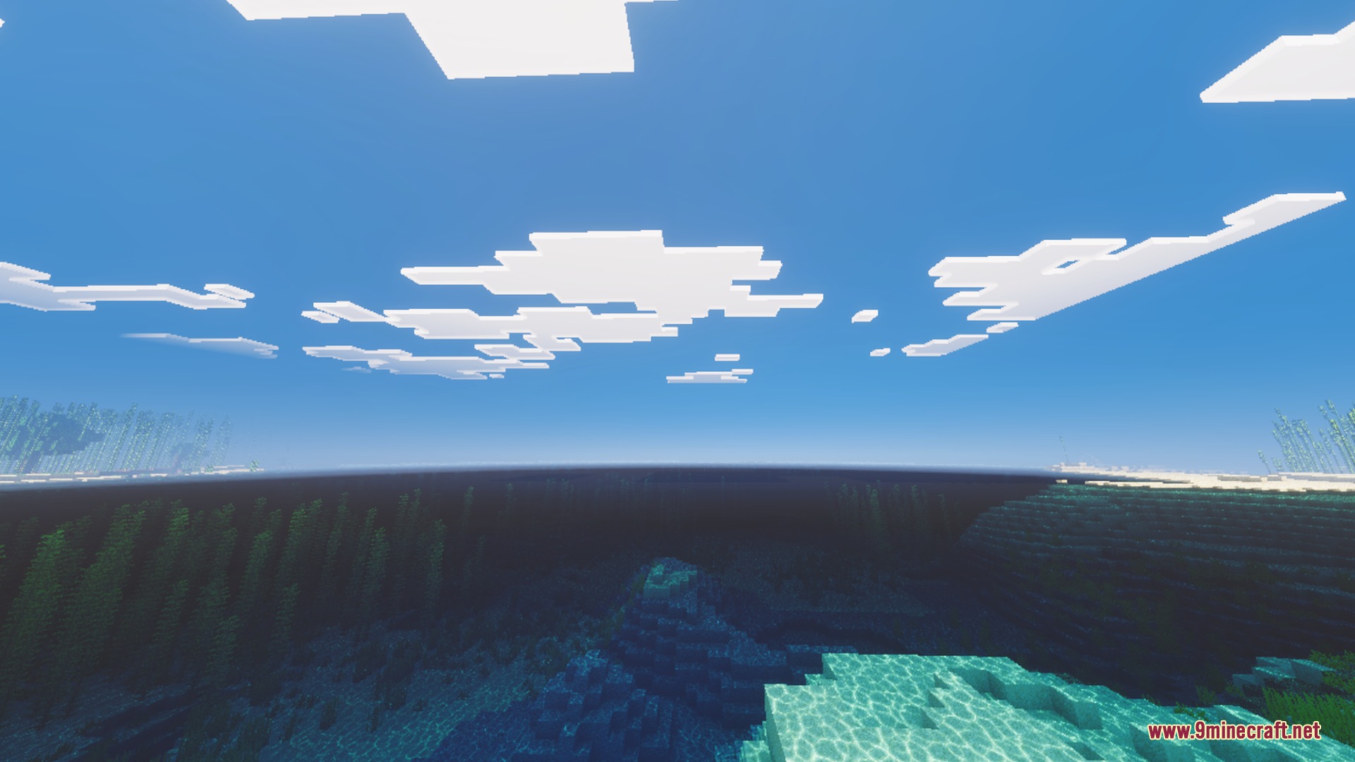 Clear blue water and underwater kelp under a bright cinematic sky