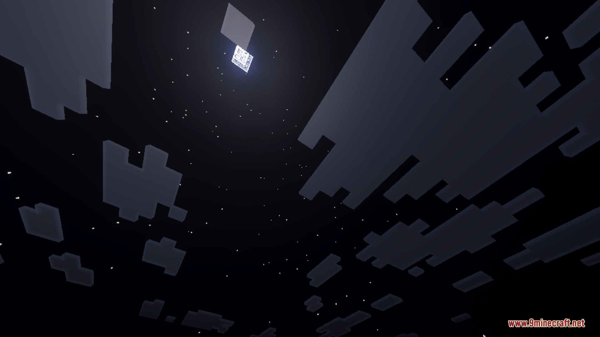 A bright square moon glows in the starry night sky above blocky clouds