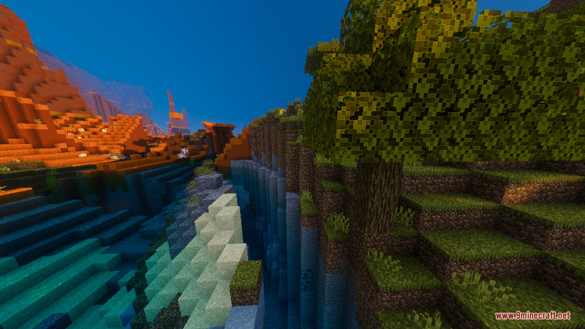 A river flowing between a mesa biome and a lush green forest landscape