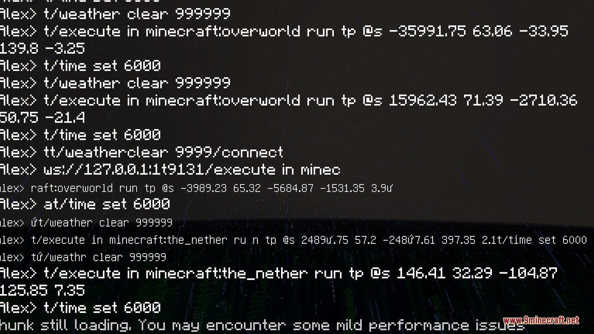 Mike's Chroma Visuals Shader Screenshot 10 Performance warning message and console commands displayed over a vibrant Minecraft landscape
