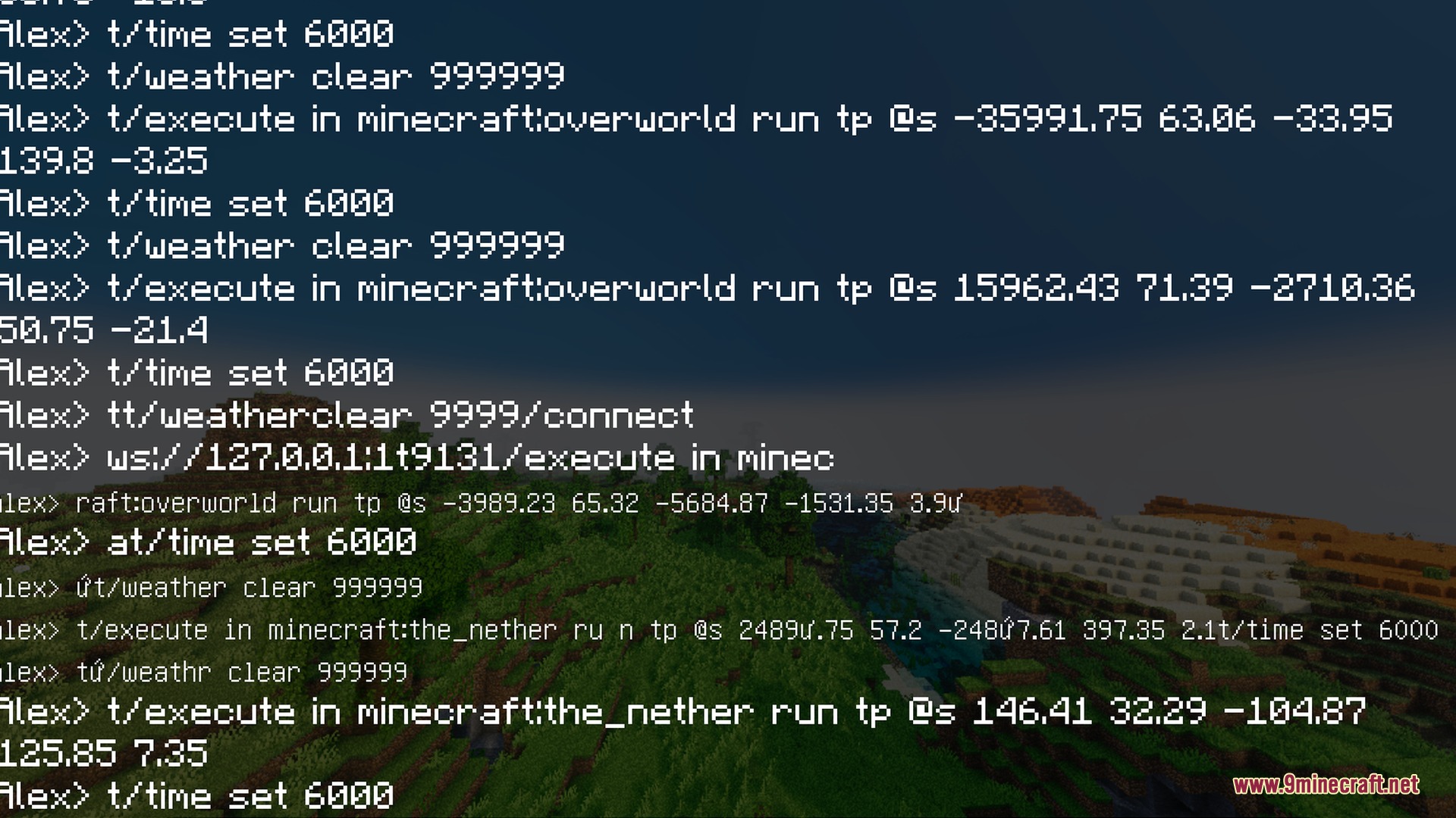 Mike's Chroma Visuals Shader Screenshot 9 Minecraft chat interface showing teleport and weather commands over a forest biome