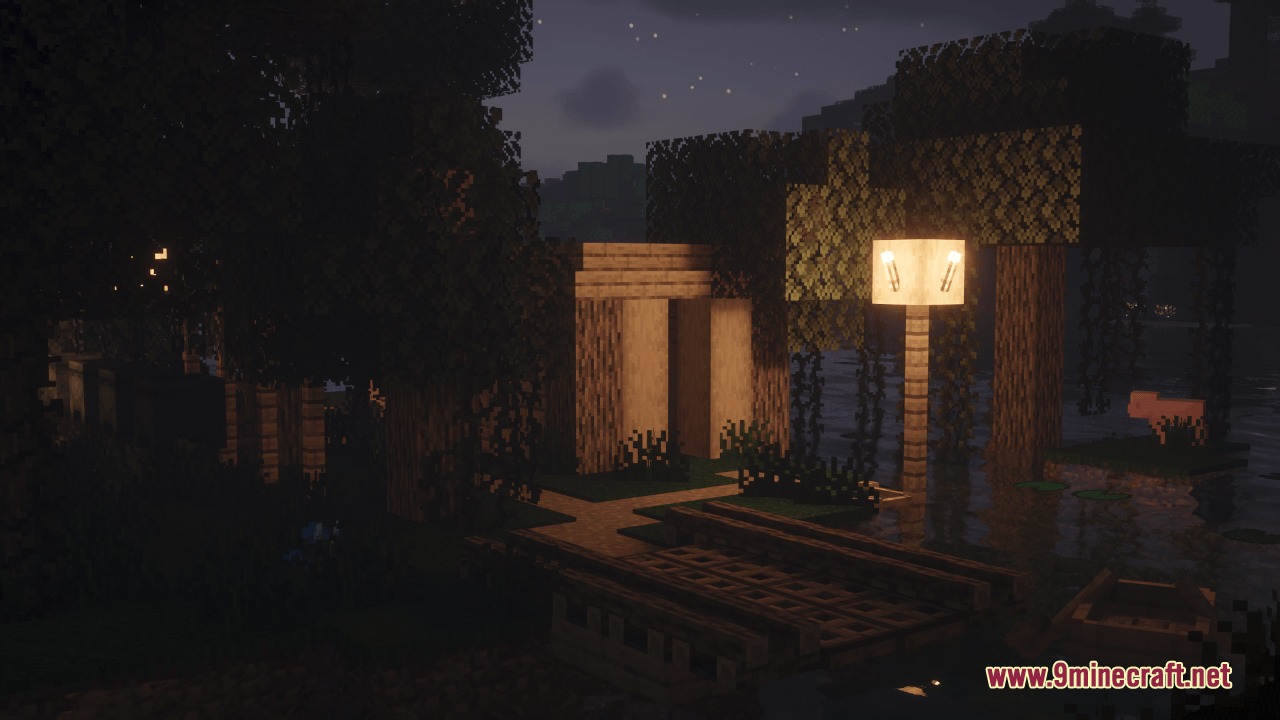 Millager Village Defenders Mod Screenshot 1 A small wooden building and a glowing lamp post in a dark swamp
