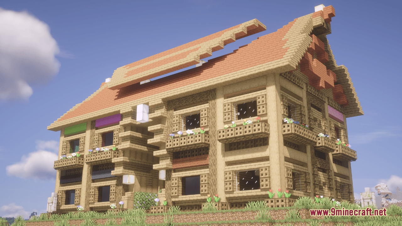 Millager Village Defenders Mod Screenshot 2 A large fortified wooden building with balconies and flowers under a clear sky