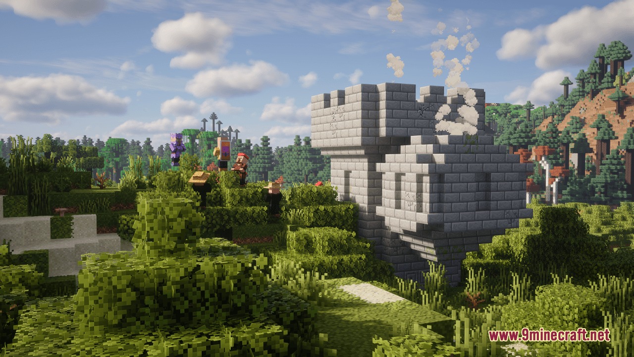 Millager Village Defenders Mod Screenshot 6 Villager soldiers stand near a fortified stone building in a lush forest