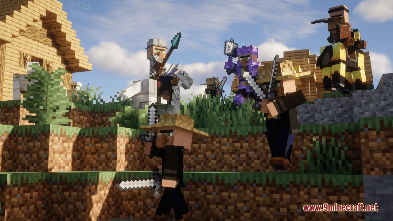 Millager Village Defenders Mod Screenshot 7 Villager soldiers defending their town with swords and a mounted rider