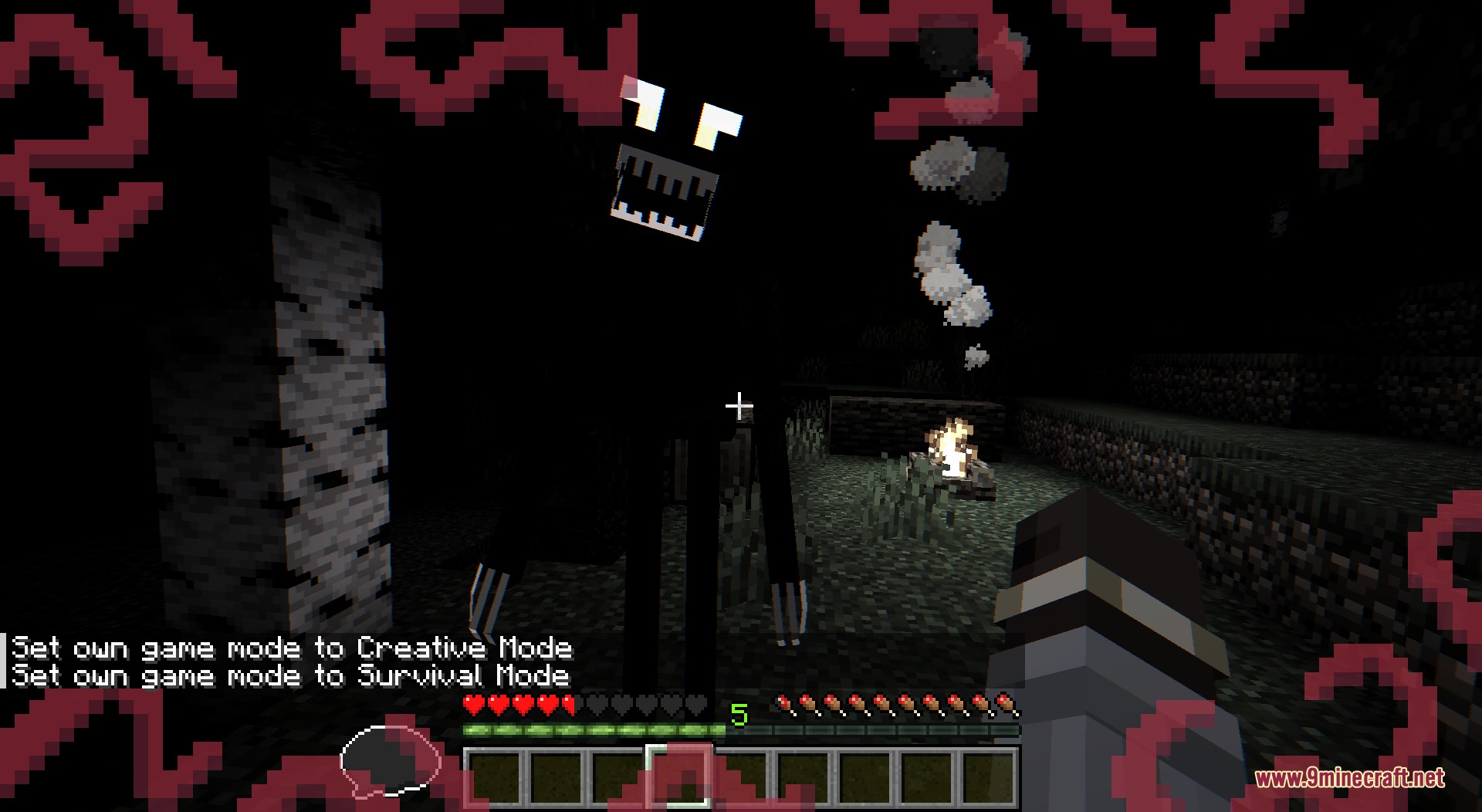 A tall shadow entity stalks the player while red sanity effects fill the screen