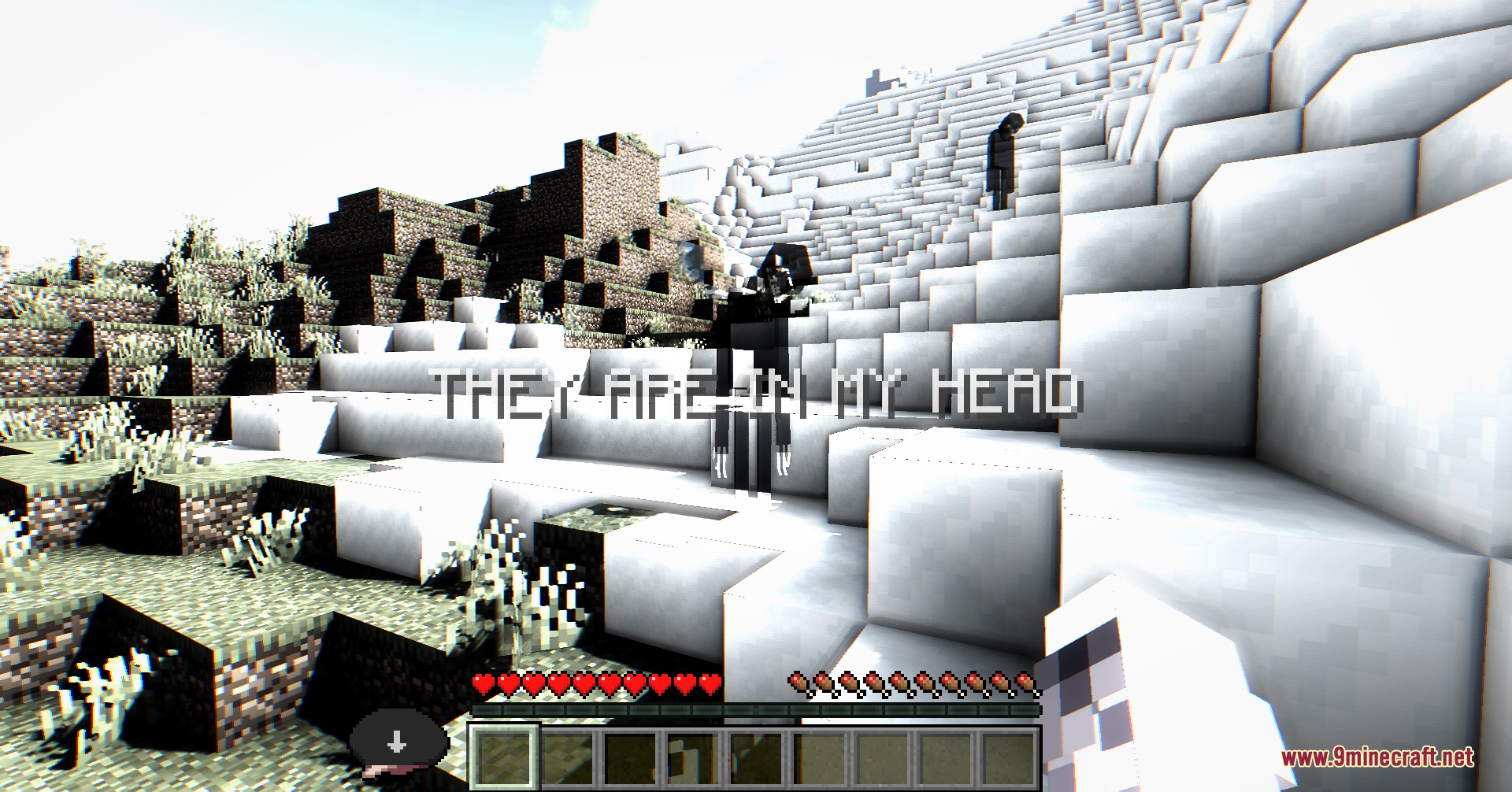 Shadowy figures haunt the player in a snowy biome with eerie text overlay