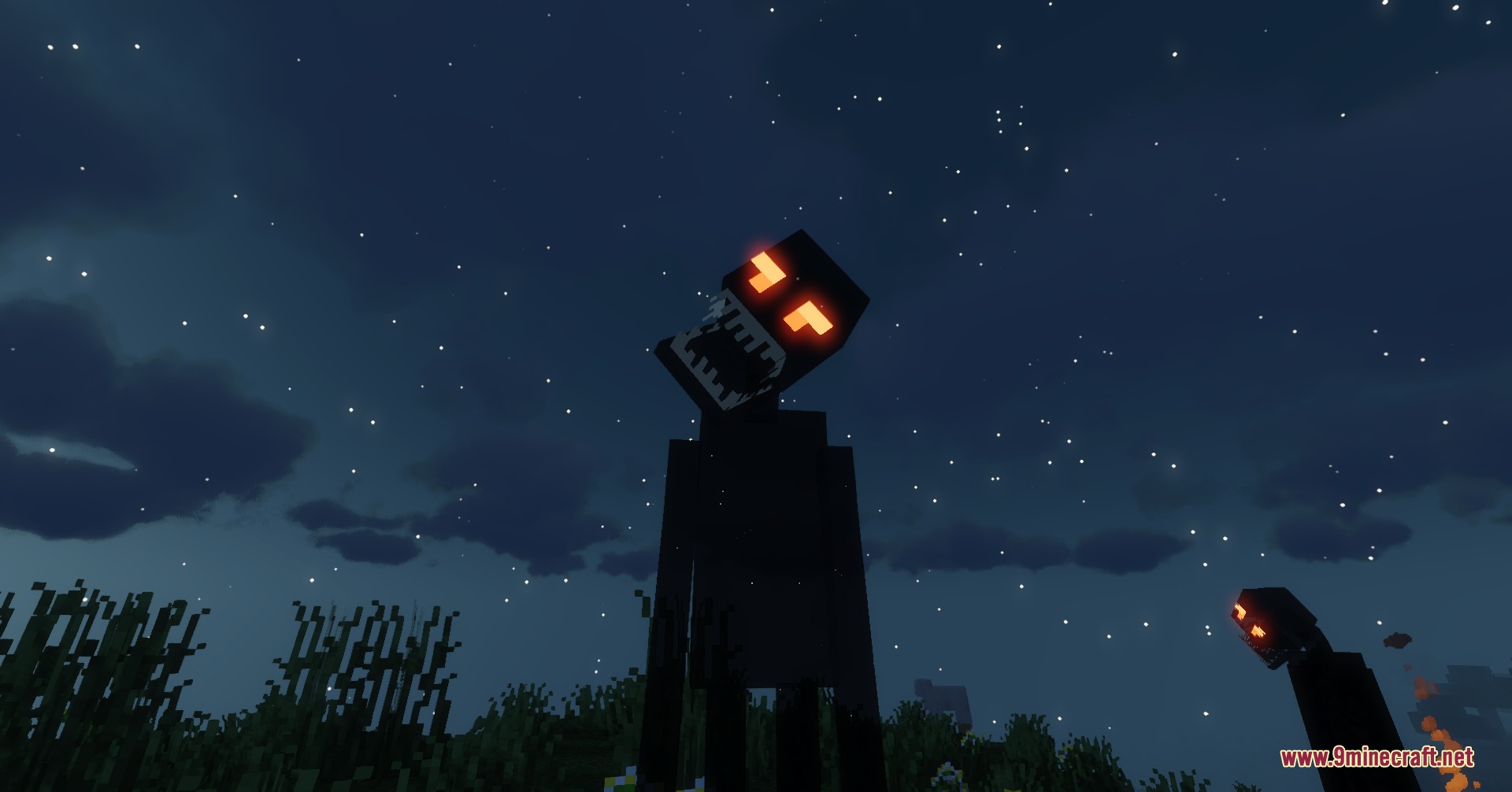 Terrifying shadow monsters with glowing eyes and tilted heads appear during the night