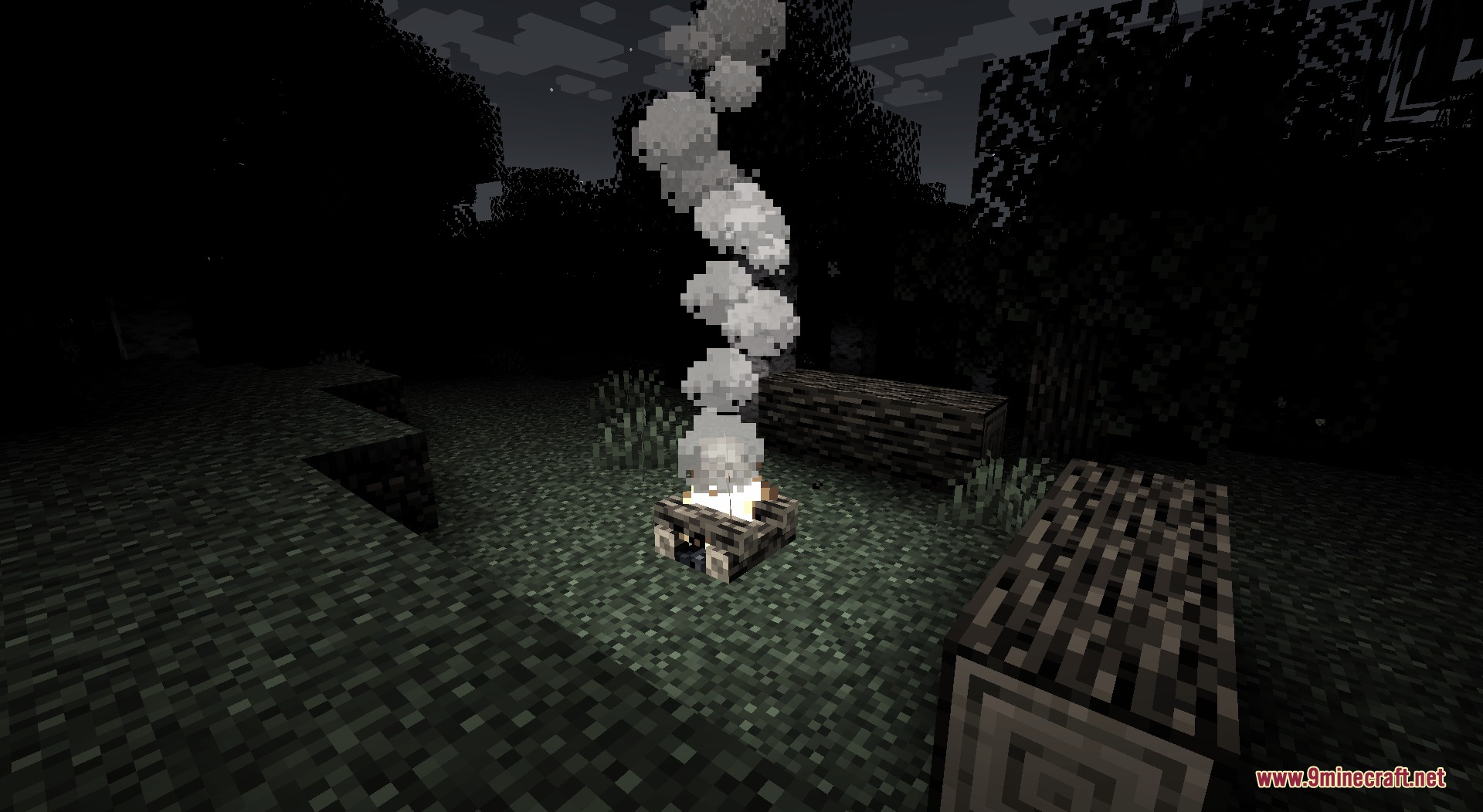 A campfire burning in the dark woods to help restore sanity levels