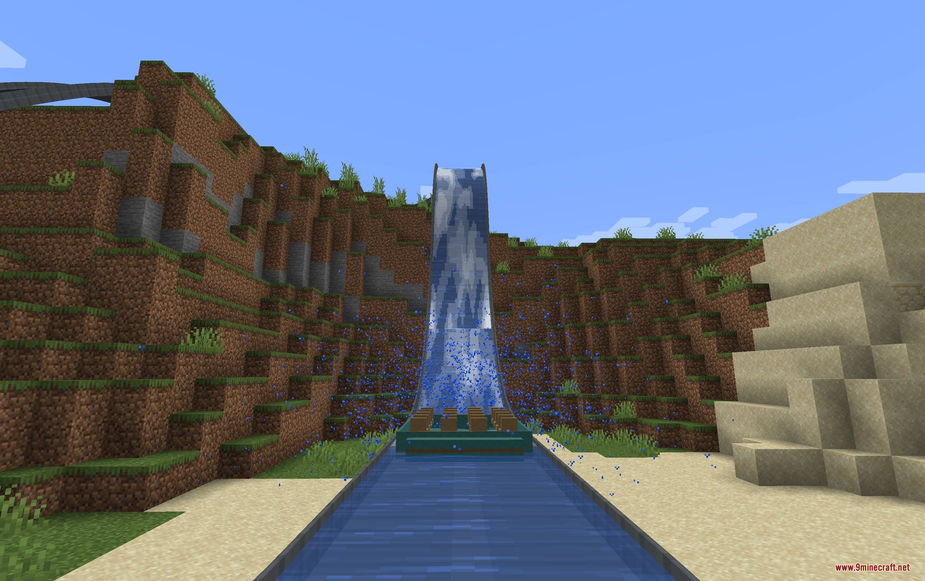 Mine Coasters Mod Screenshot 7 A log flume boat sits at the bottom of a steep waterfall drop
