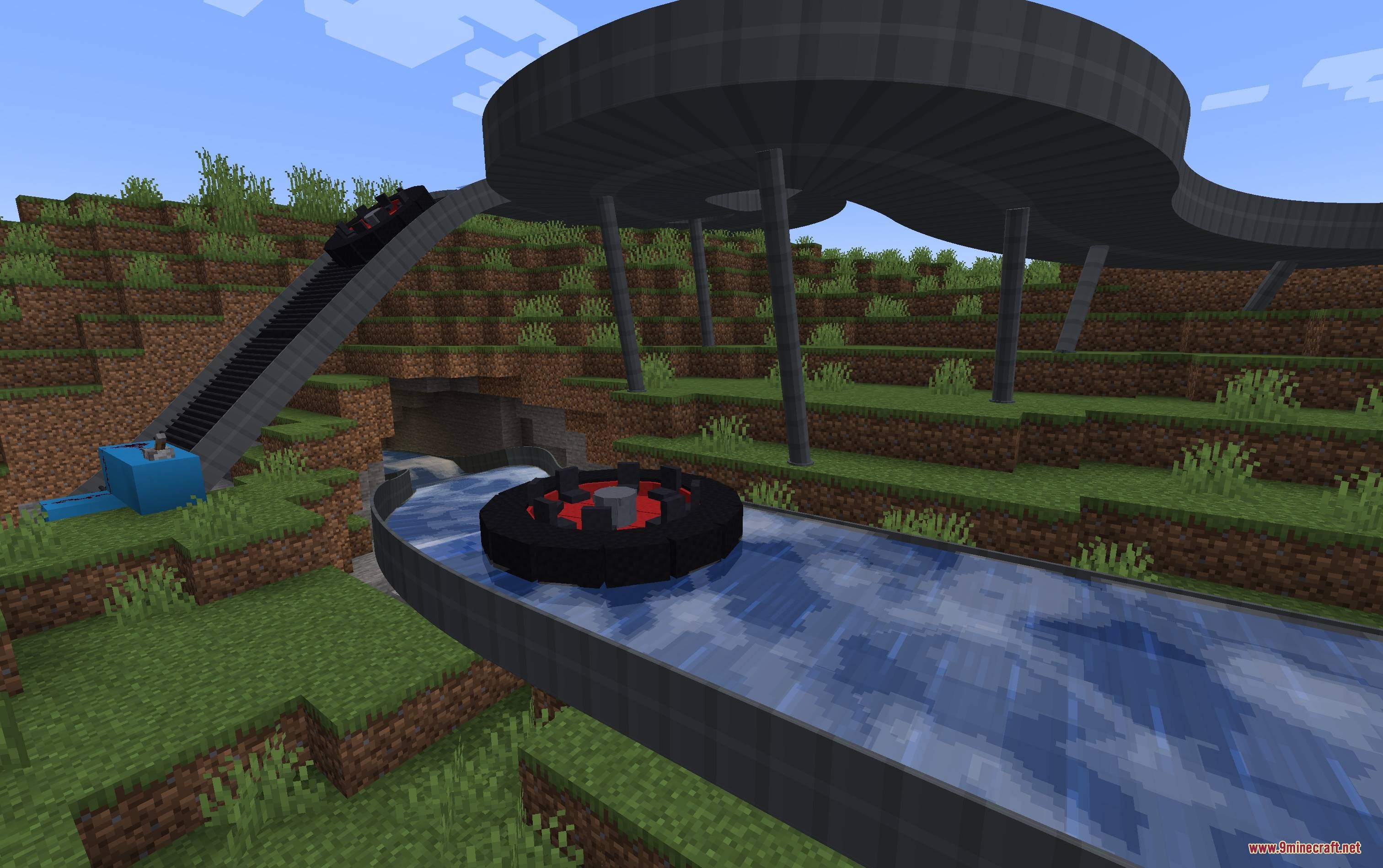 Mine Coasters Mod Screenshot 8 A circular river rapids raft floats on an elevated water track system