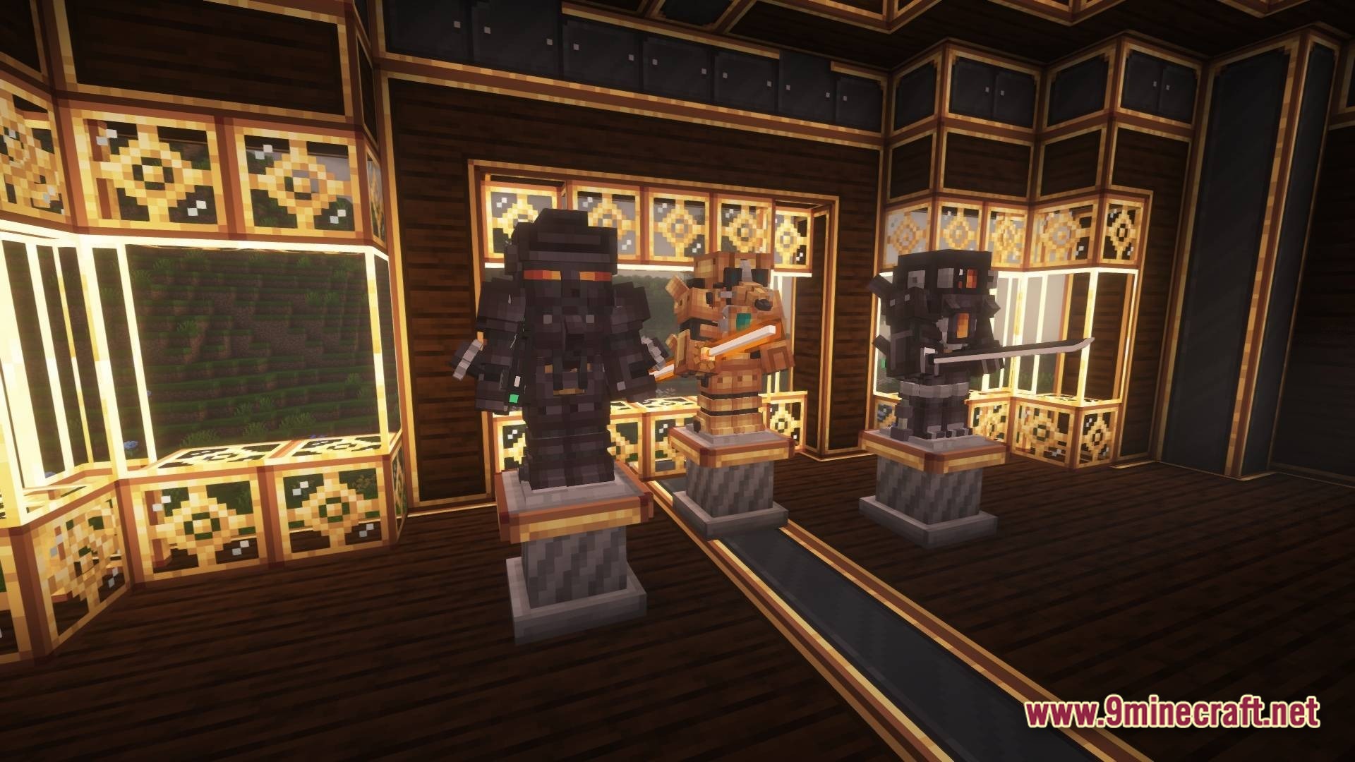 Mine Colonies Create & Conquer Modpack Screenshot 10 Three sets of custom armor displayed on pedestals inside a decorated wooden and brass room