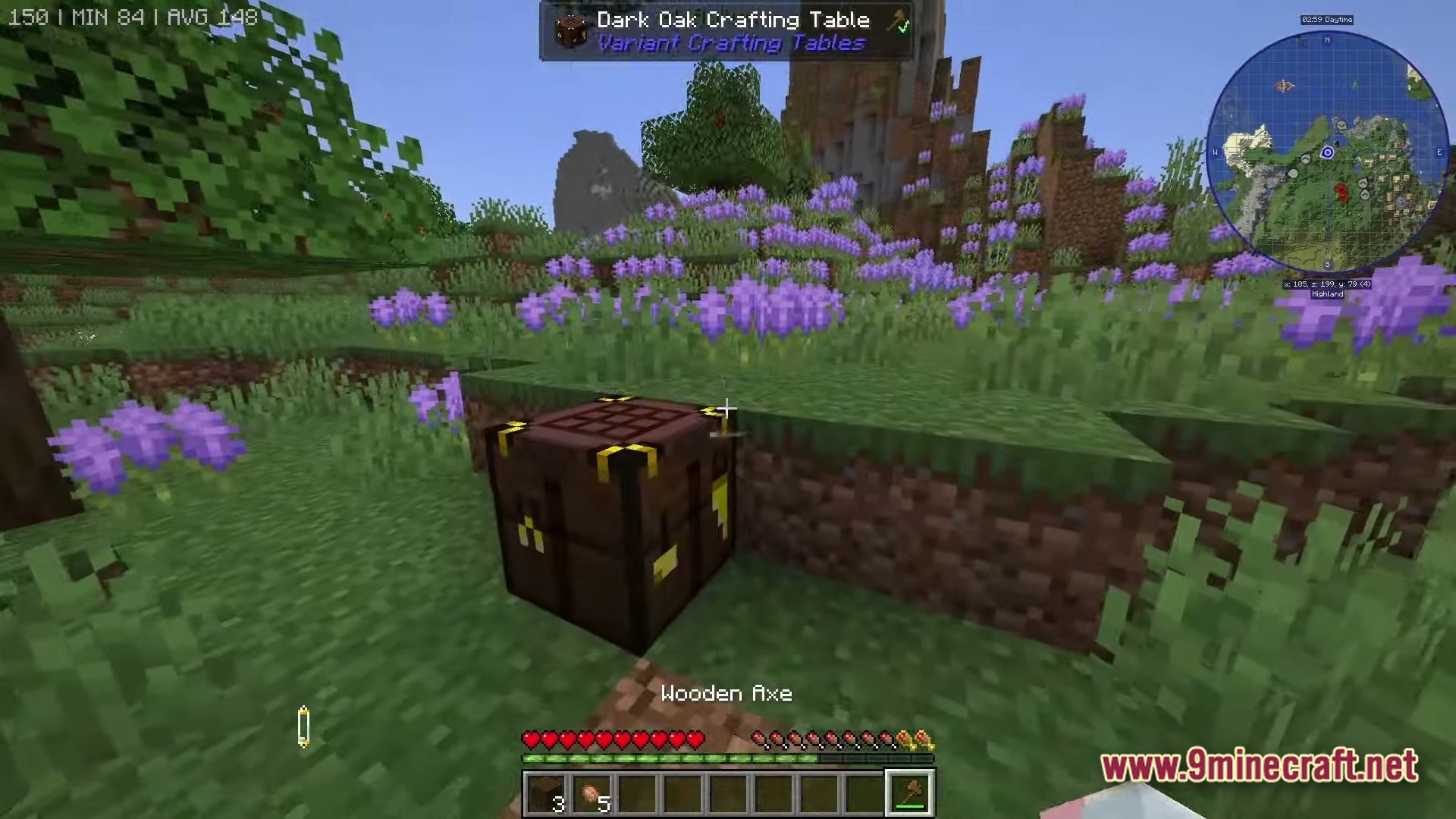 Mine Colonies Dimensional Adventure Modpack Screenshot 2 A Dark Oak Crafting Table placed on a grassy hill surrounded by purple flowers and mountains
