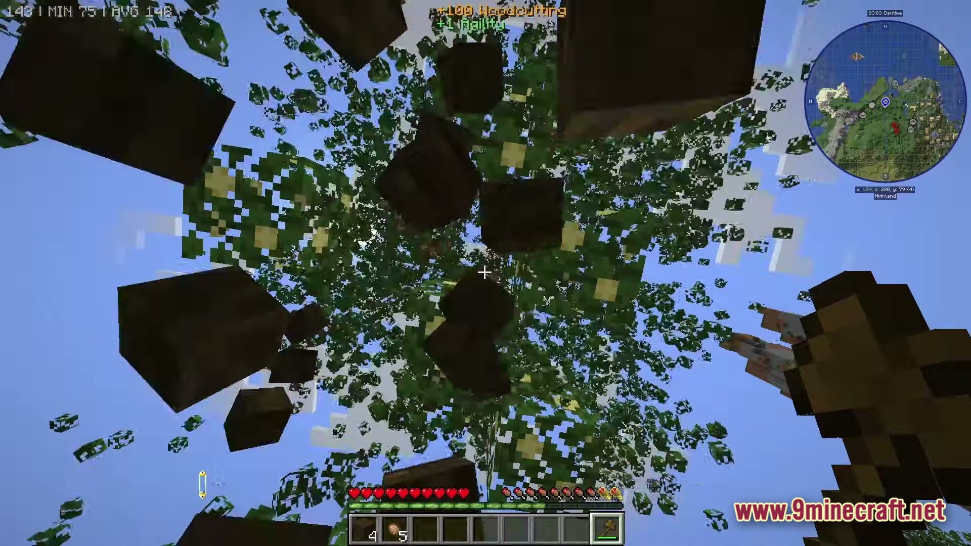 Mine Colonies Dimensional Adventure Modpack Screenshot 3 A player uses an axe to chop down a large tree, causing wood blocks to fall