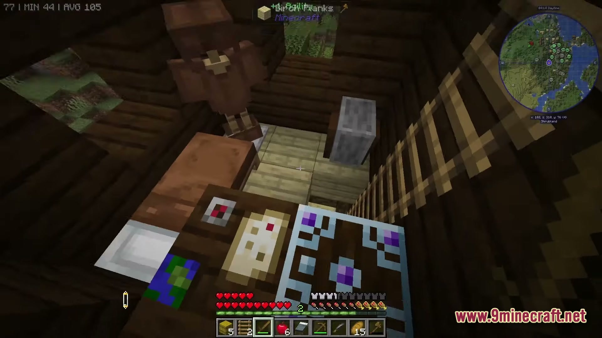 Mine Colonies Dimensional Adventure Modpack Screenshot 4 A player stands inside a wooden structure containing a bed, armor stand, and various utility blocks