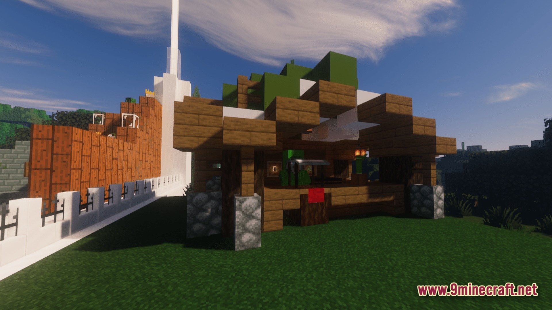 Mine Colonies Dimensional Adventure Modpack Screenshot 7 A small wooden market stall structure stands on a grassy field under a bright blue sky