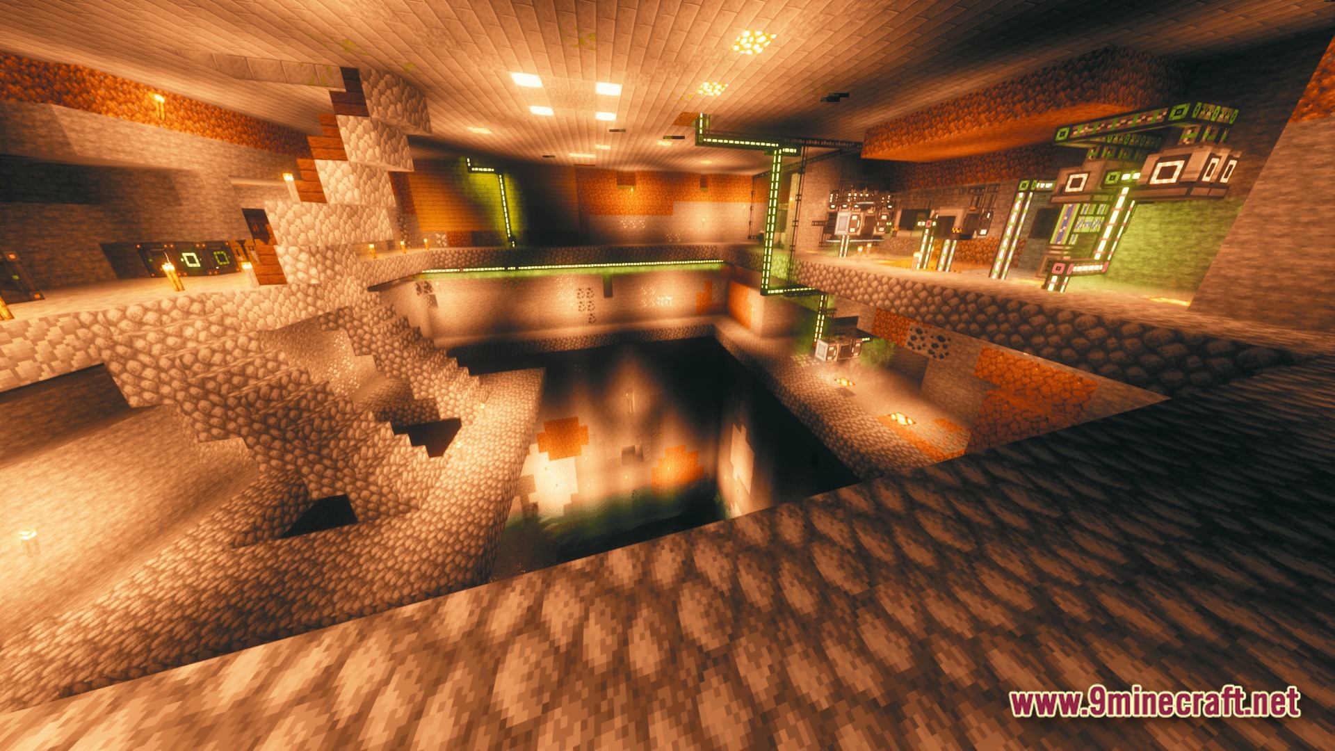 Mine Colonies Dimensional Adventure Modpack Screenshot 9 An underground Minecraft base featuring cobblestone stairs, industrial machinery, and glowing green power cables