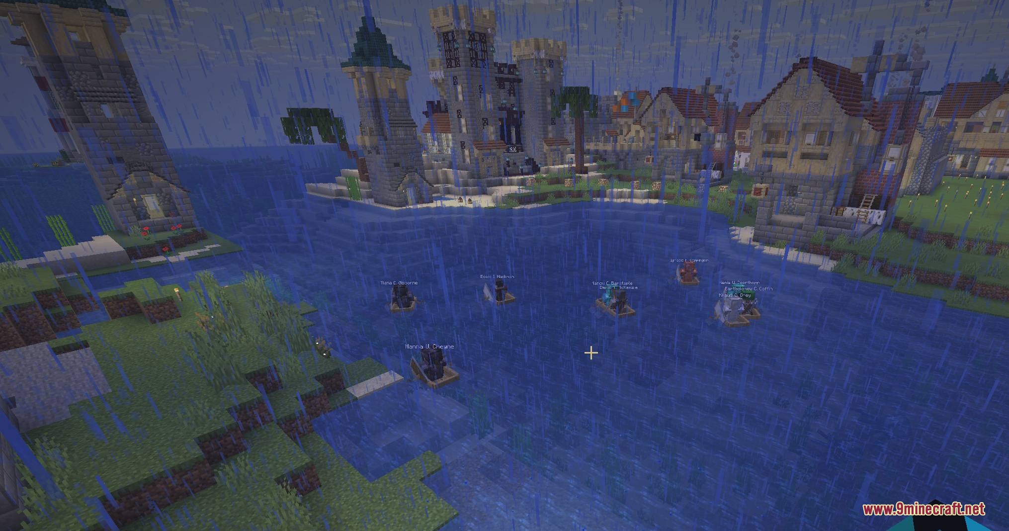 Citizens boarding boats to travel across the water in a rainy colony