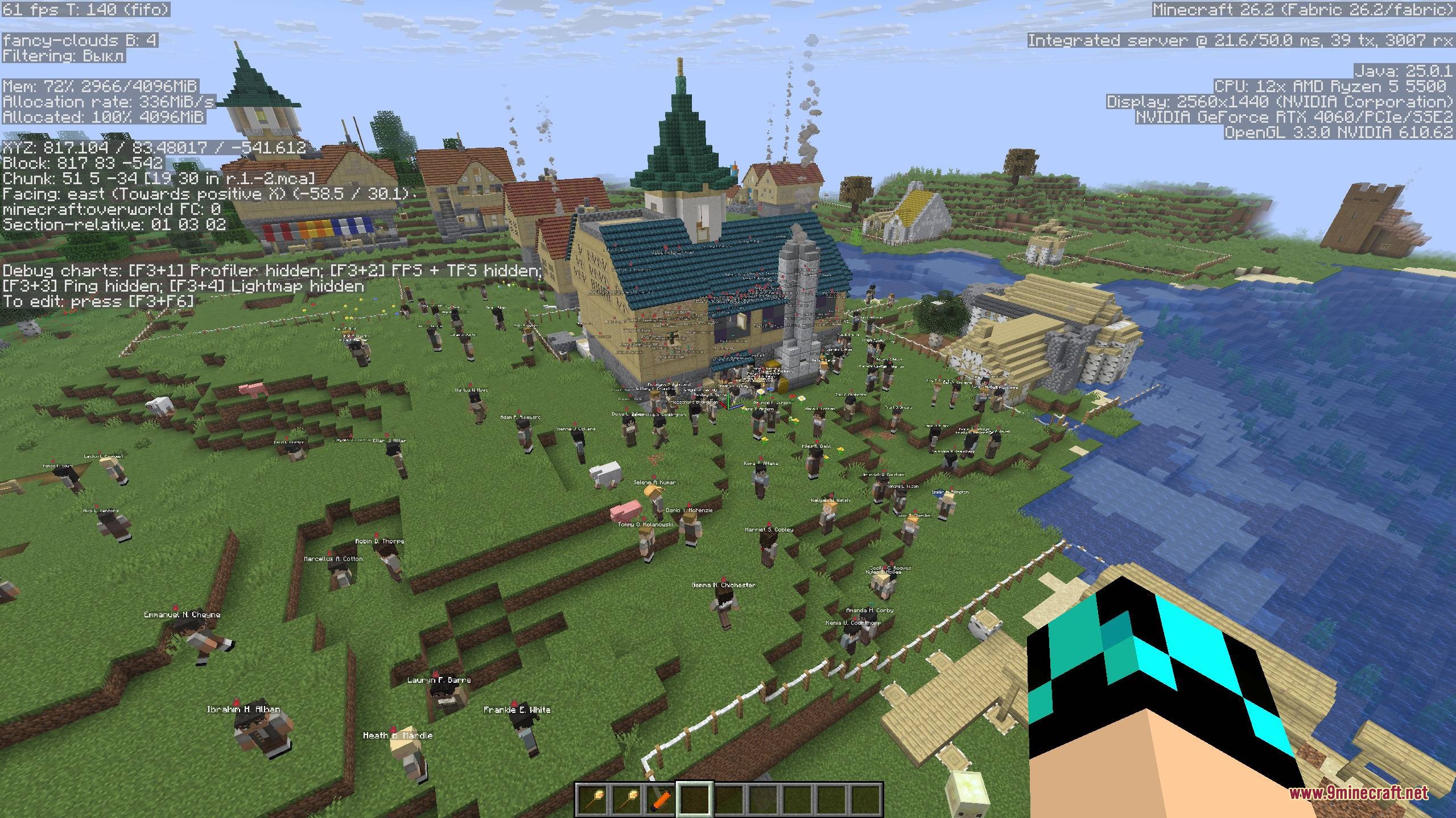 Many citizens gathered together in a large town with various custom buildings