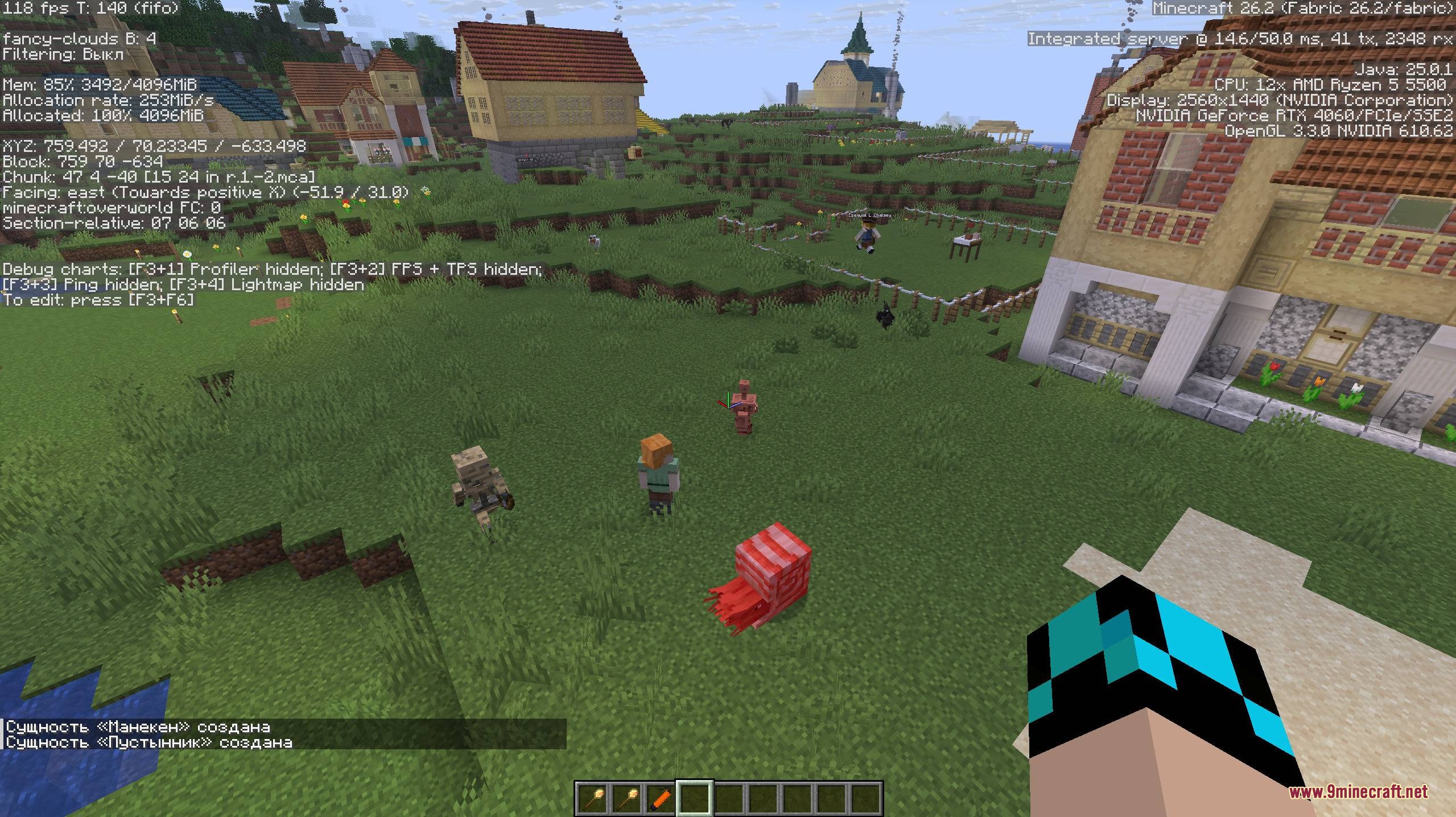 Citizens and a red creature standing in a grassy village area