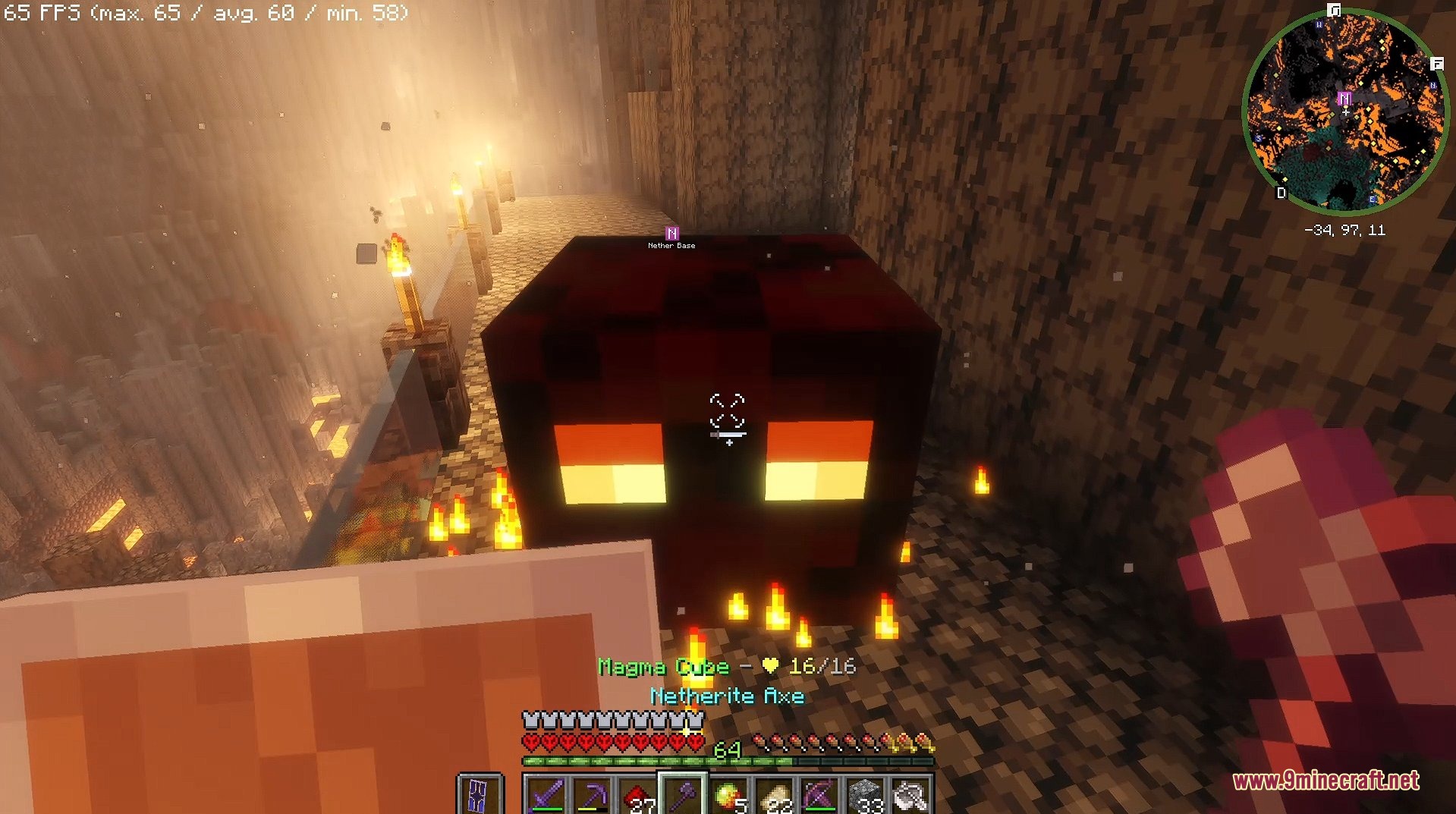 Mine Life 2 Resource Pack Screenshot 1 Player holding a shield and Netherite Axe faces a large Magma Cube