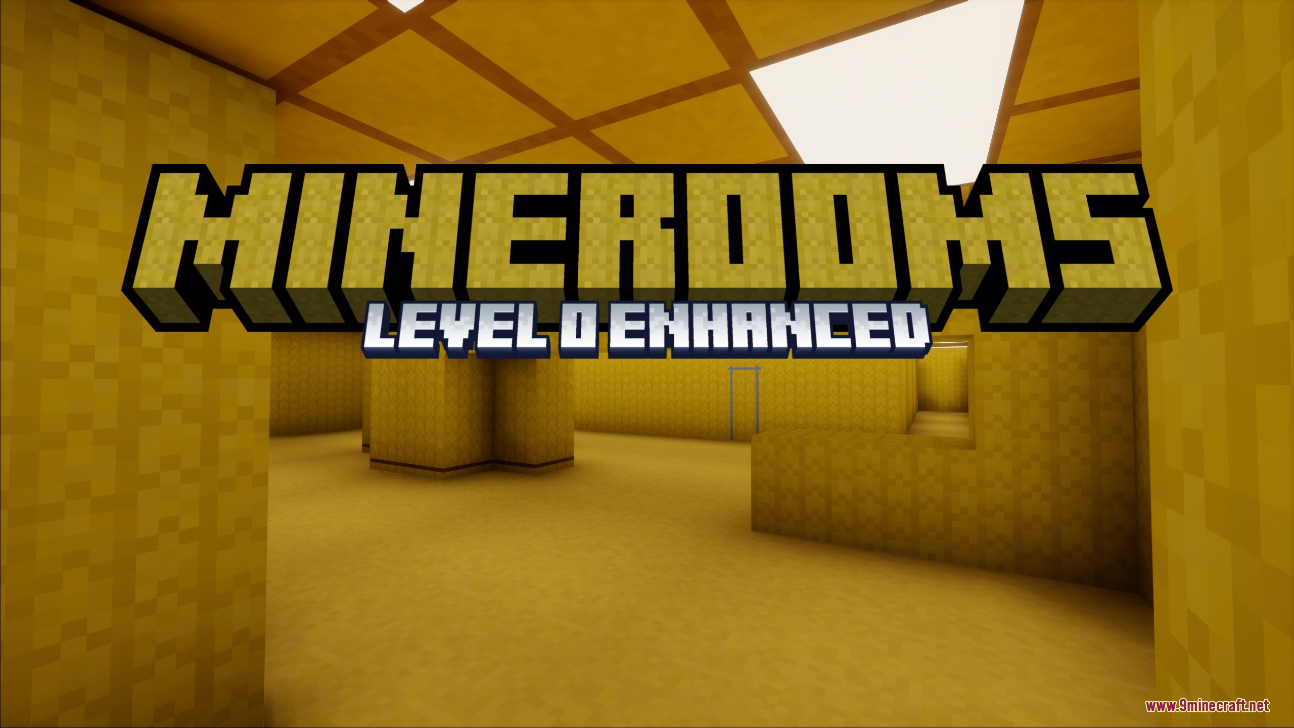 Mine Rooms Backrooms Blocks Resource Pack Screenshot 1 Minerooms resource pack featuring yellow wallpaper and fluorescent lights in a hallway