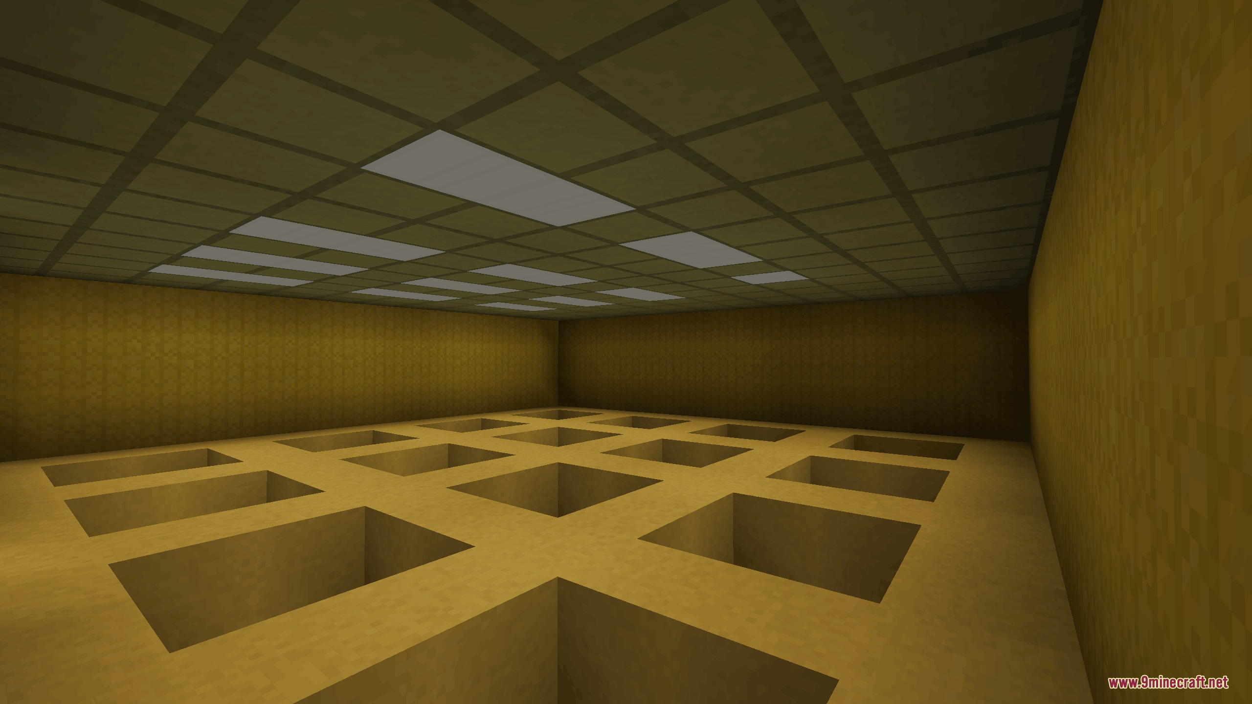 Mine Rooms Backrooms Blocks Resource Pack Screenshot 3 Large yellow Minecraft room with rectangular floor pits and fluorescent ceiling lights