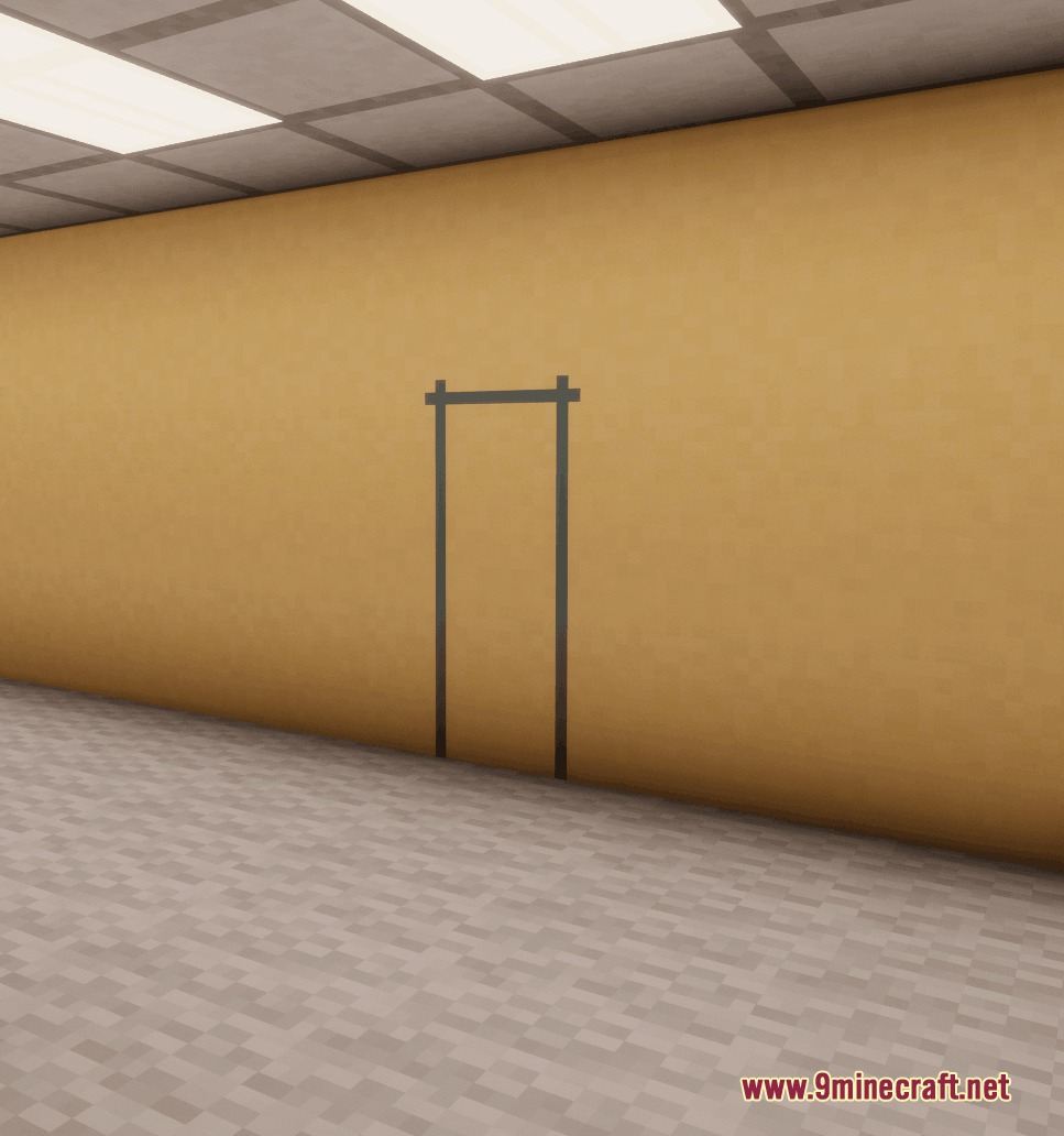 Mine Rooms Backrooms Blocks Resource Pack Screenshot 4 Yellow wallpaper wall featuring a door outline made of blue tape