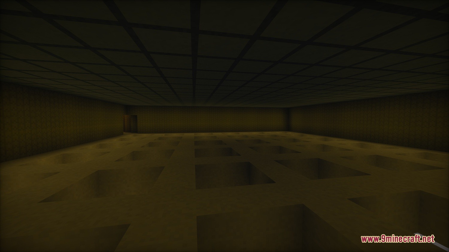 Mine Rooms Backrooms Blocks Resource Pack Screenshot 5 A dark empty room with yellow wallpaper and square holes in the floor