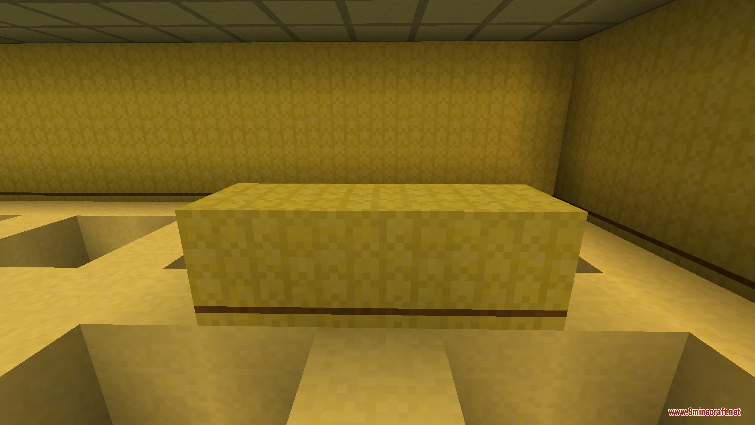 Mine Rooms Backrooms Blocks Resource Pack Screenshot 6 Detailed view of a yellow textured block with a dark horizontal wall trim