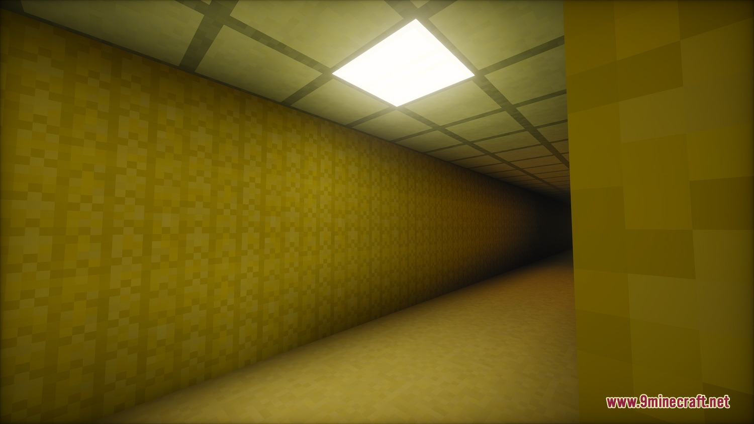 Mine Rooms Backrooms Blocks Resource Pack Screenshot 7 Yellow wallpaper and office tiles create a long hallway in Minecraft