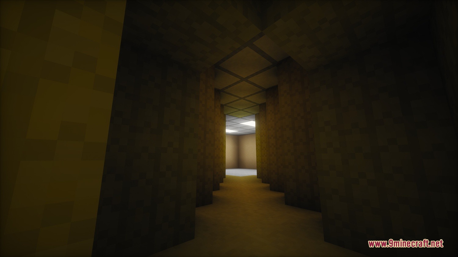 Mine Rooms Backrooms Blocks Resource Pack Screenshot 8 A dark narrow corridor with yellow walls leading to a lit room
