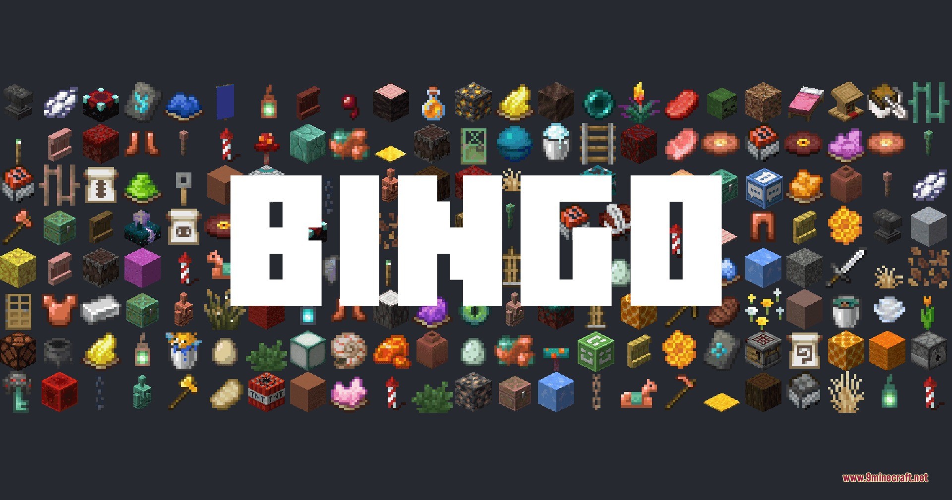 Minecraft Bingo Data Pack Screenshot 1 Minecraft Bingo Data Pack title screen featuring a collection of game items