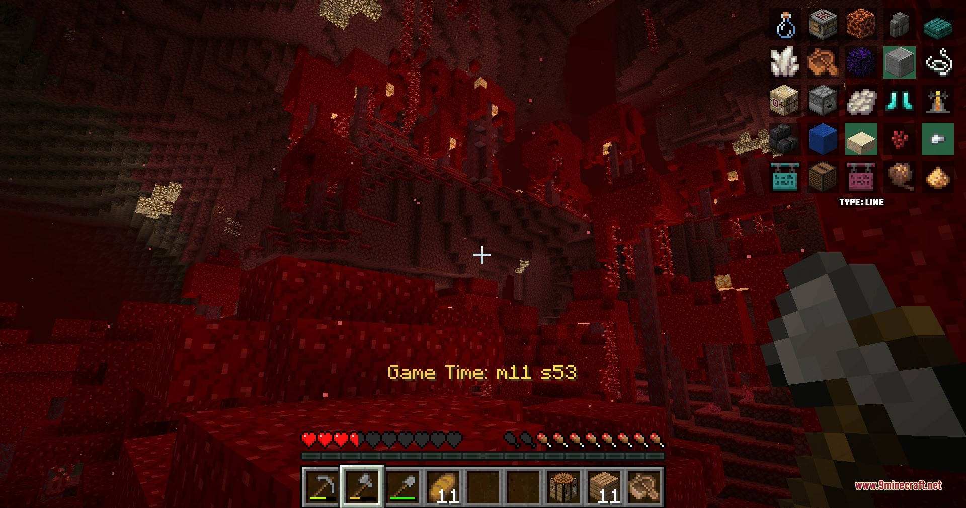 Minecraft Bingo Data Pack Screenshot 3 Player exploring the crimson forest in the Nether with Bingo board UI