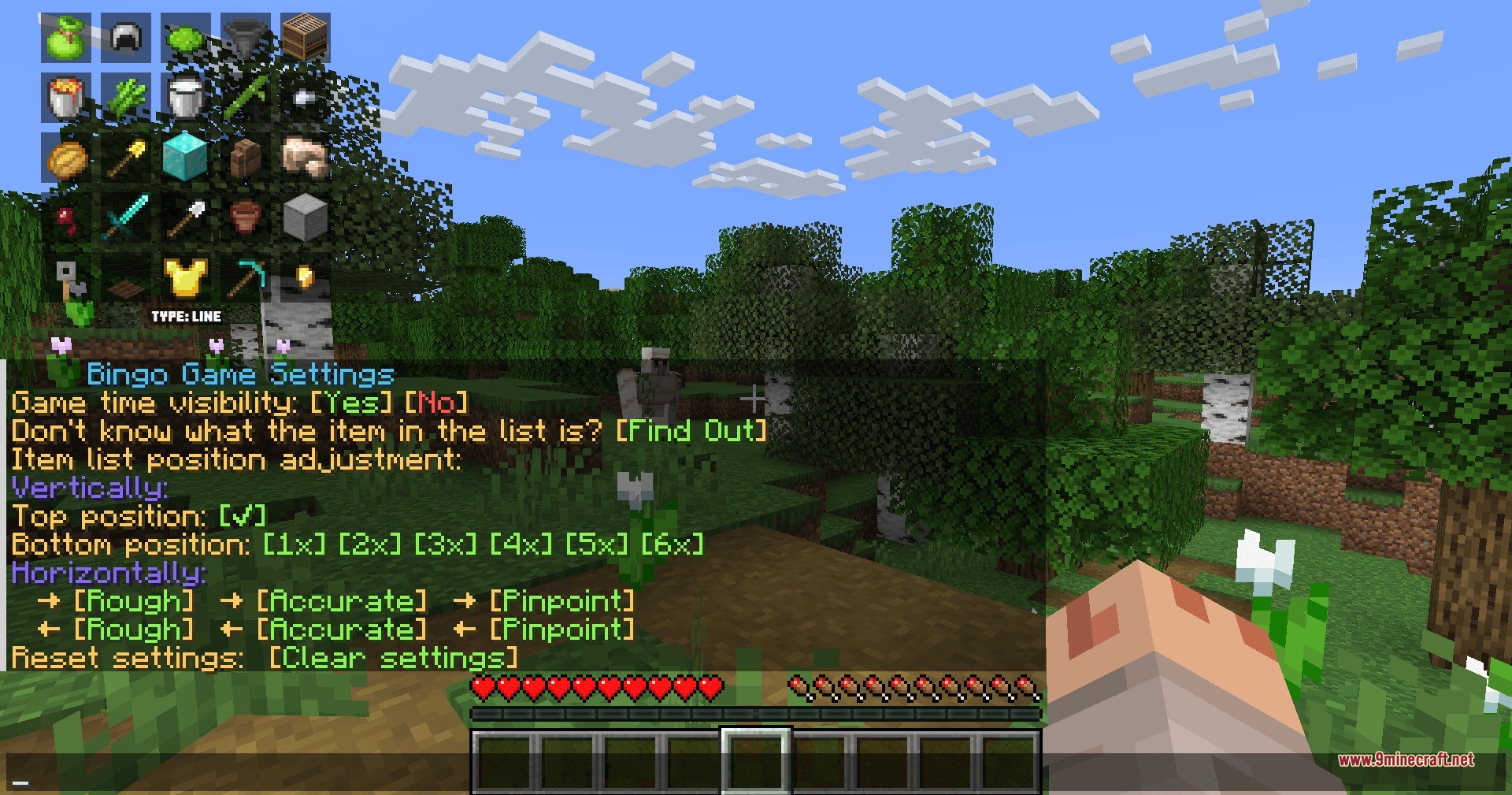 Minecraft Bingo Data Pack Screenshot 5 Player customizing Bingo Game Settings menu while standing in a forest biome