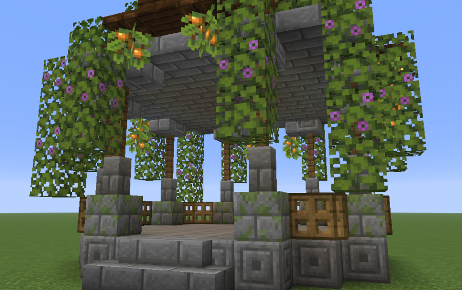 Minecraft Ganzebo Schematic Screenshots 3 A stone gazebo structure decorated with flowering azalea leaves and glow berries