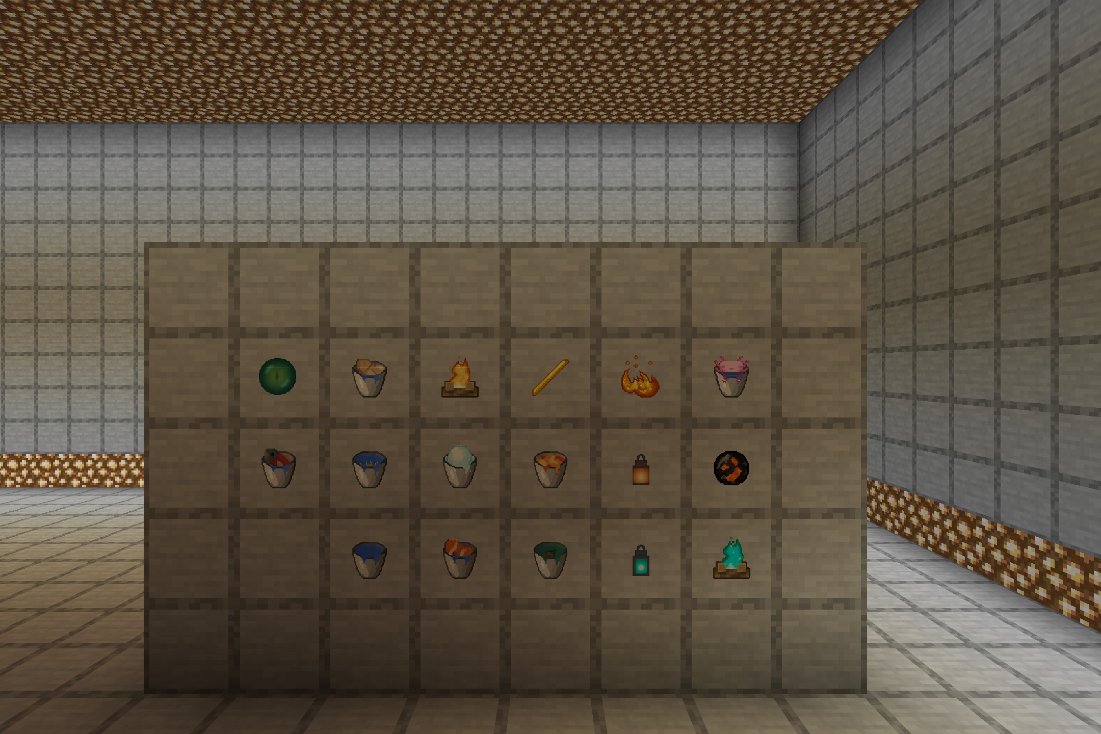 A wooden wall displaying various high resolution items in item frames