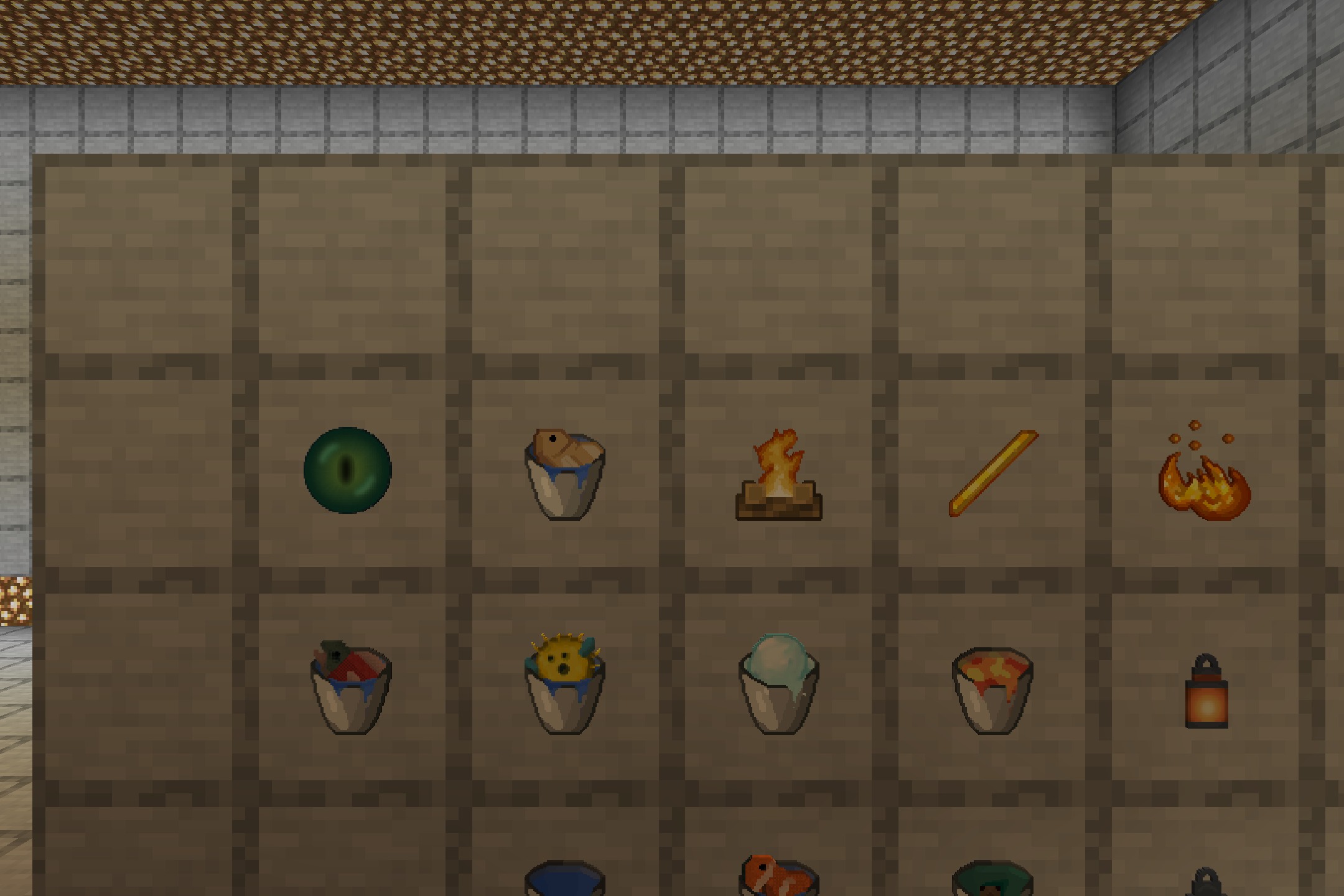 Minecraft items with high resolution textures displayed in item frames on wooden planks
