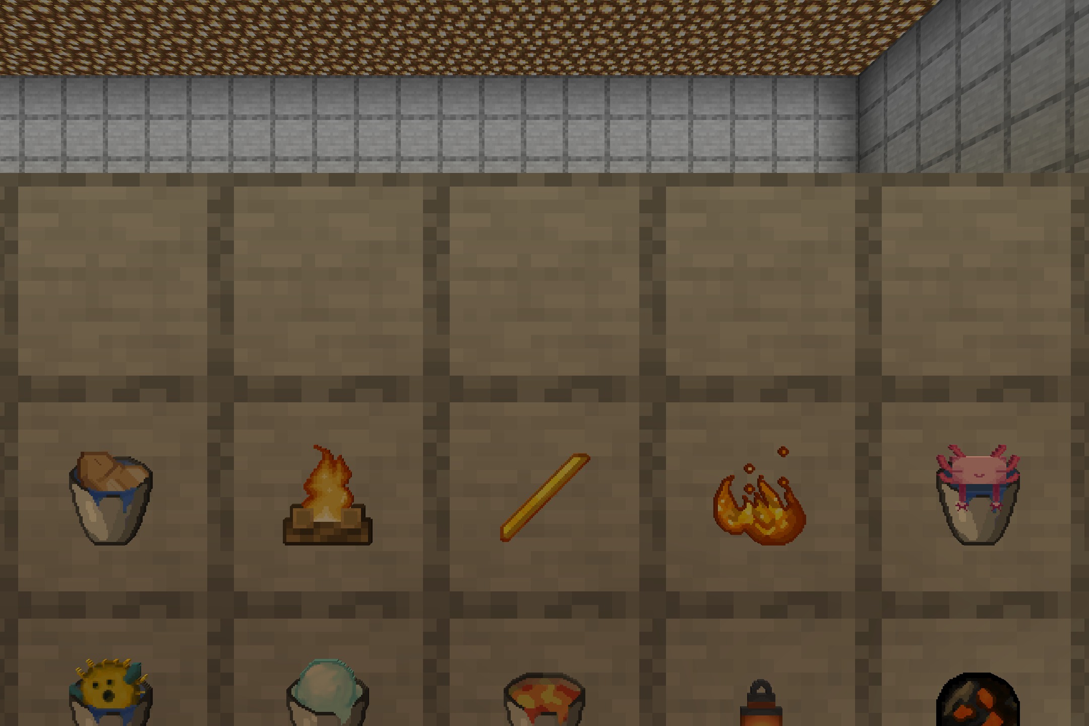 Detailed Minecraft item textures including an axolotl bucket showcased in item frames