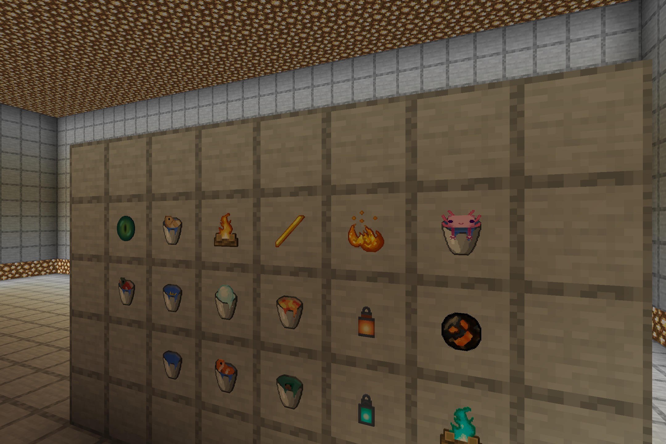 A wooden wall displaying various high definition items inside several item frames