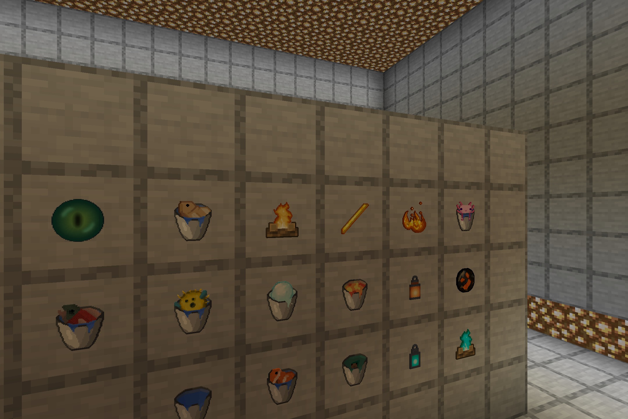 Detailed Minecraft items and buckets showcased on a wall of item frames