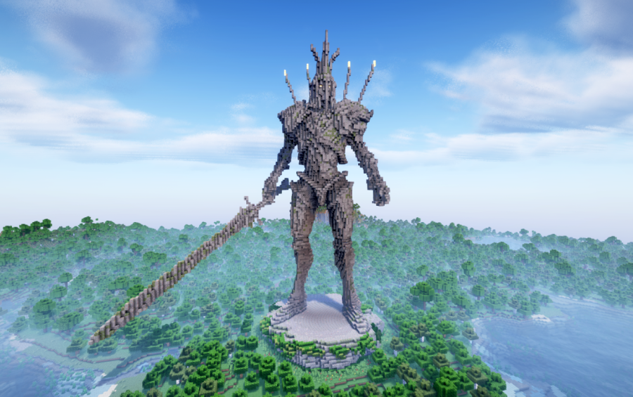 Minecraft Jyggalag Tes Statue Free Schem Schematic Screenshots 1 A massive stone statue of Jyggalag holding a long sword in Minecraft