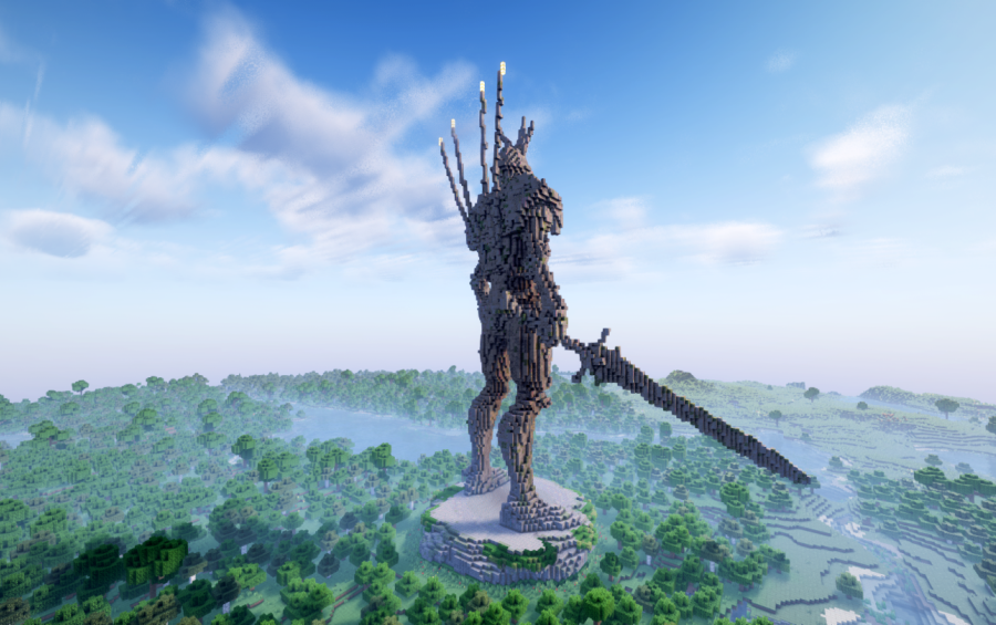 Minecraft Jyggalag Tes Statue Free Schem Schematic Screenshots 2 Back view of the giant armored knight statue overlooking a green forest