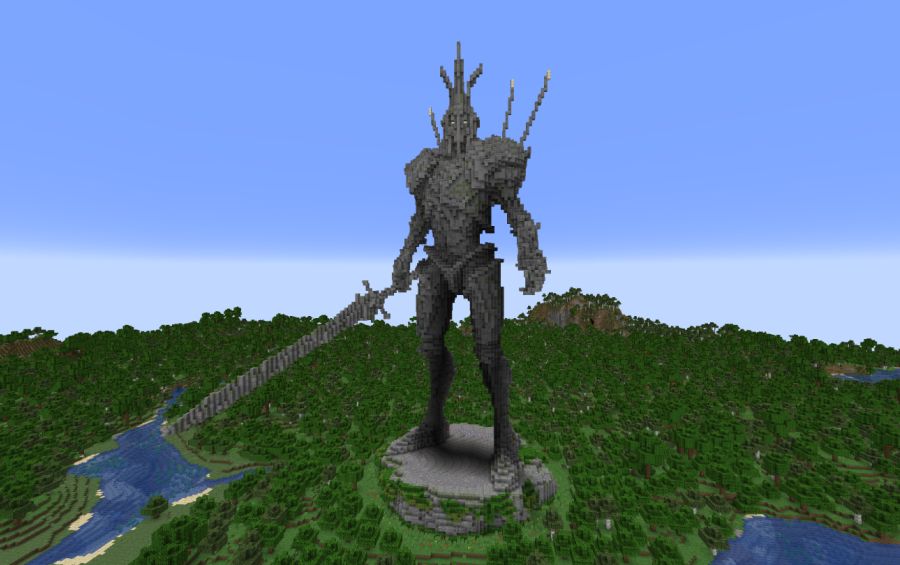 Minecraft Jyggalag Tes Statue Free Schem Schematic Screenshots 3 A massive stone knight statue holding a large sword in a forest biome
