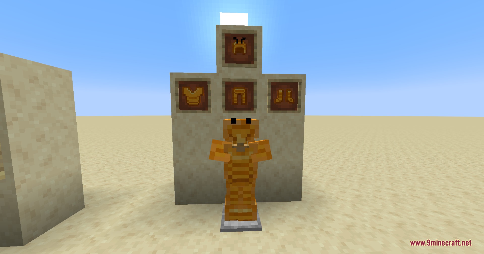 Minecraft Reworked Desgold Gd's Version Mod Screenshot 2 Full set of Bee Wax armor displayed on a stand with item frames