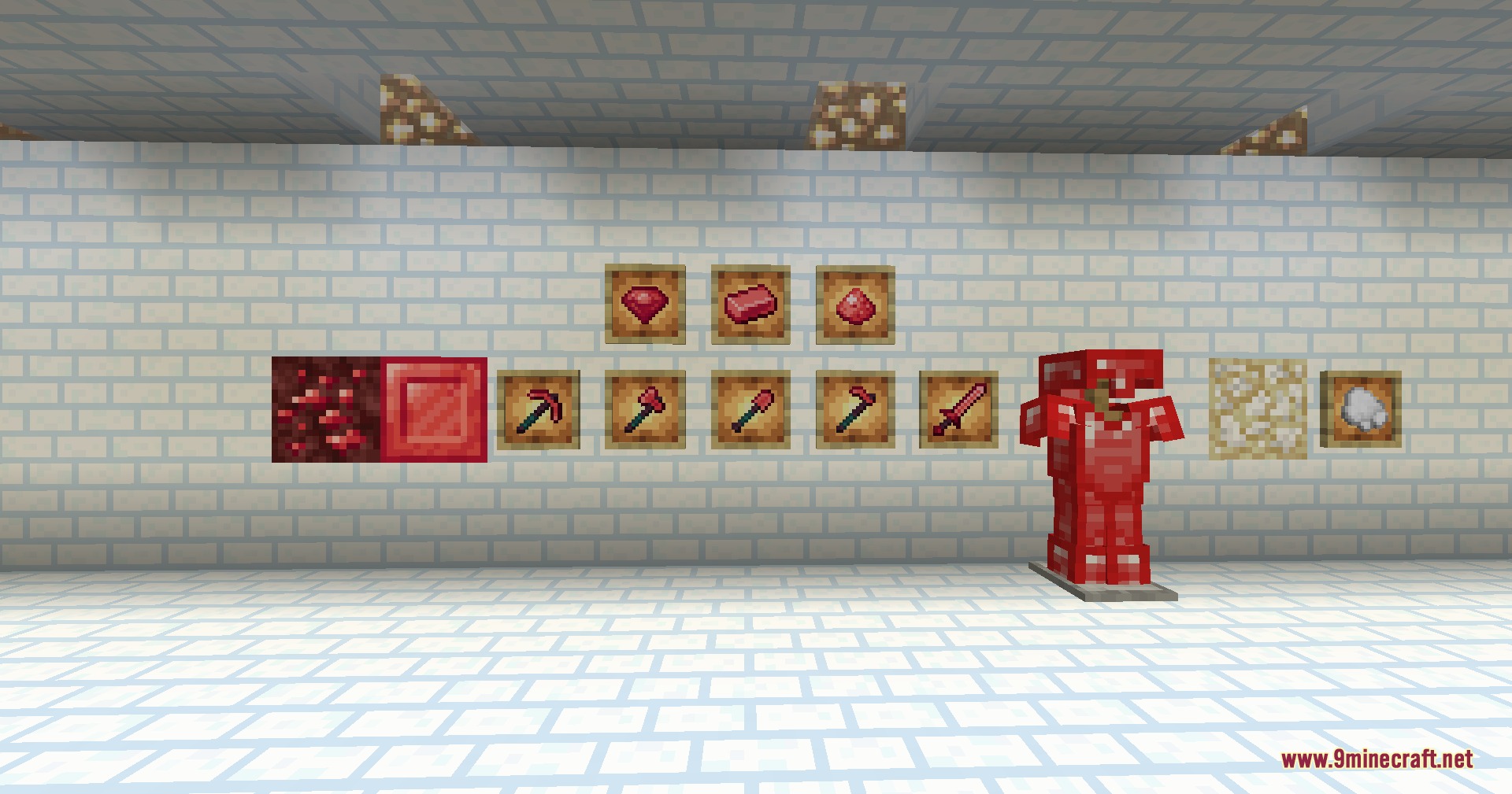Minecraft Reworked Desgold Gd's Version Mod Screenshot 3 Showcase of red armor and tools from the Reworked Desgold mod