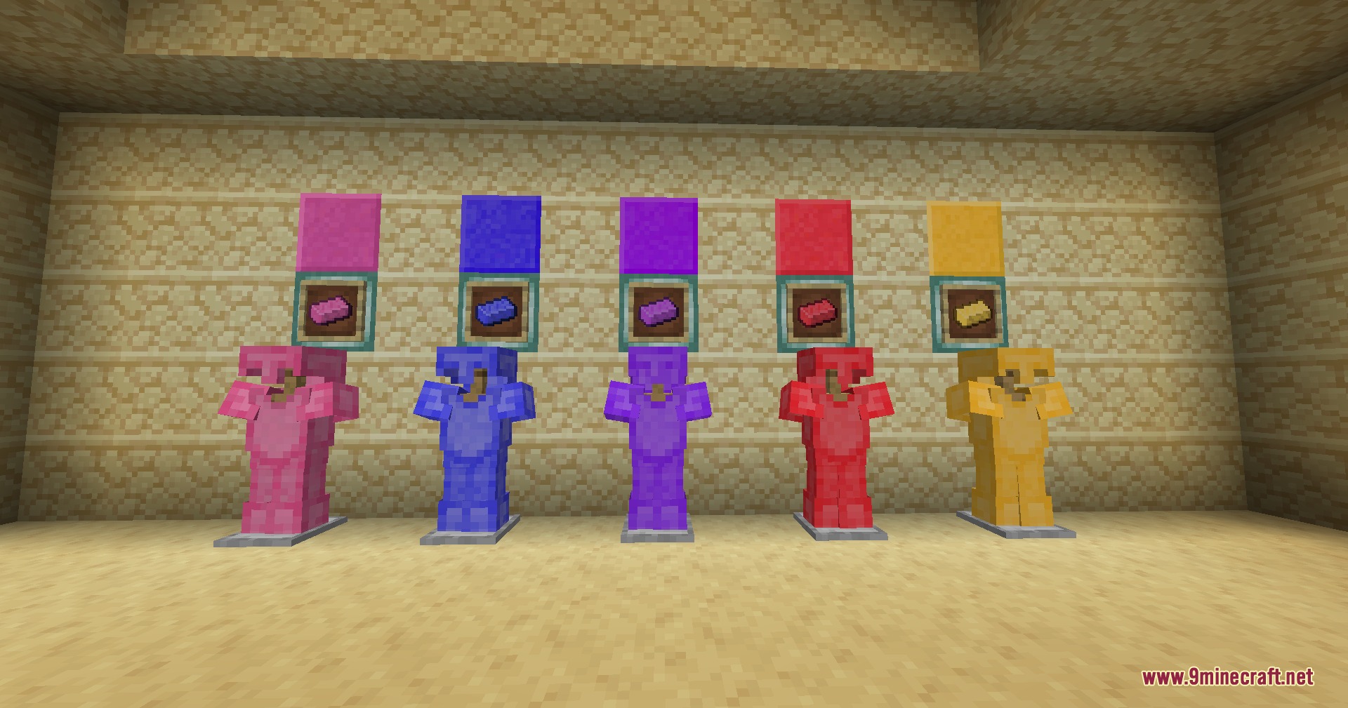 Minecraft Reworked Desgold Gd's Version Mod Screenshot 5 Five armor stands displaying colorful armor sets with matching ingots in item frames