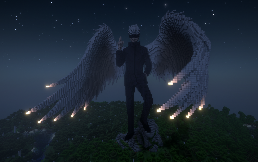 Minecraft Satoru Gojo Angel JuJutsu Kaisen Statue Free Schem Schematic Screenshots 1 Giant Satoru Gojo Angel JuJutsu Kaisen Statue with glowing wings at night